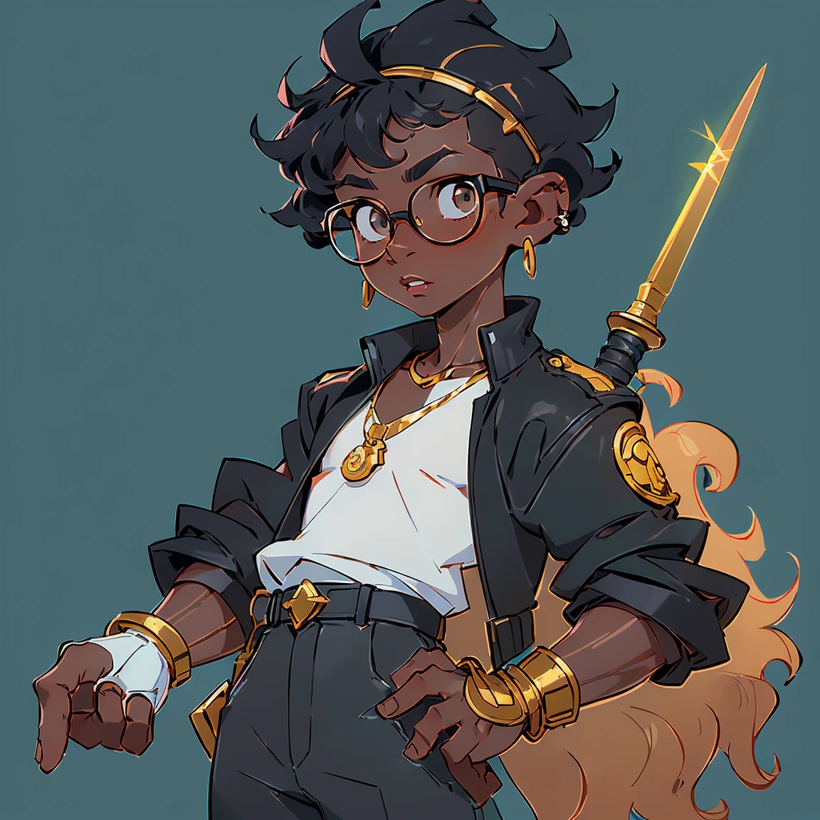 (((1boy))
nose and mouth of a black person,
small golden piercings in the ears, with side-shaved hair,
half Brazilian and half black, 18 years old, looking younger,
dark hair, wearing a necklace with golden teeth, no shirt, with a jaguetta with gold details, holding an African sword in his left hand, holding a short African spear in his right hand, no shirt under his jacket,
(white skin), (((characteristics of a black person))),(((nose of a black person))), (((lips of a black person))),
((wearing round glasses)),((curly hair)), green eyes, white chip glove, with an Egyptian eye drawn on it, with golden rings on the glove,