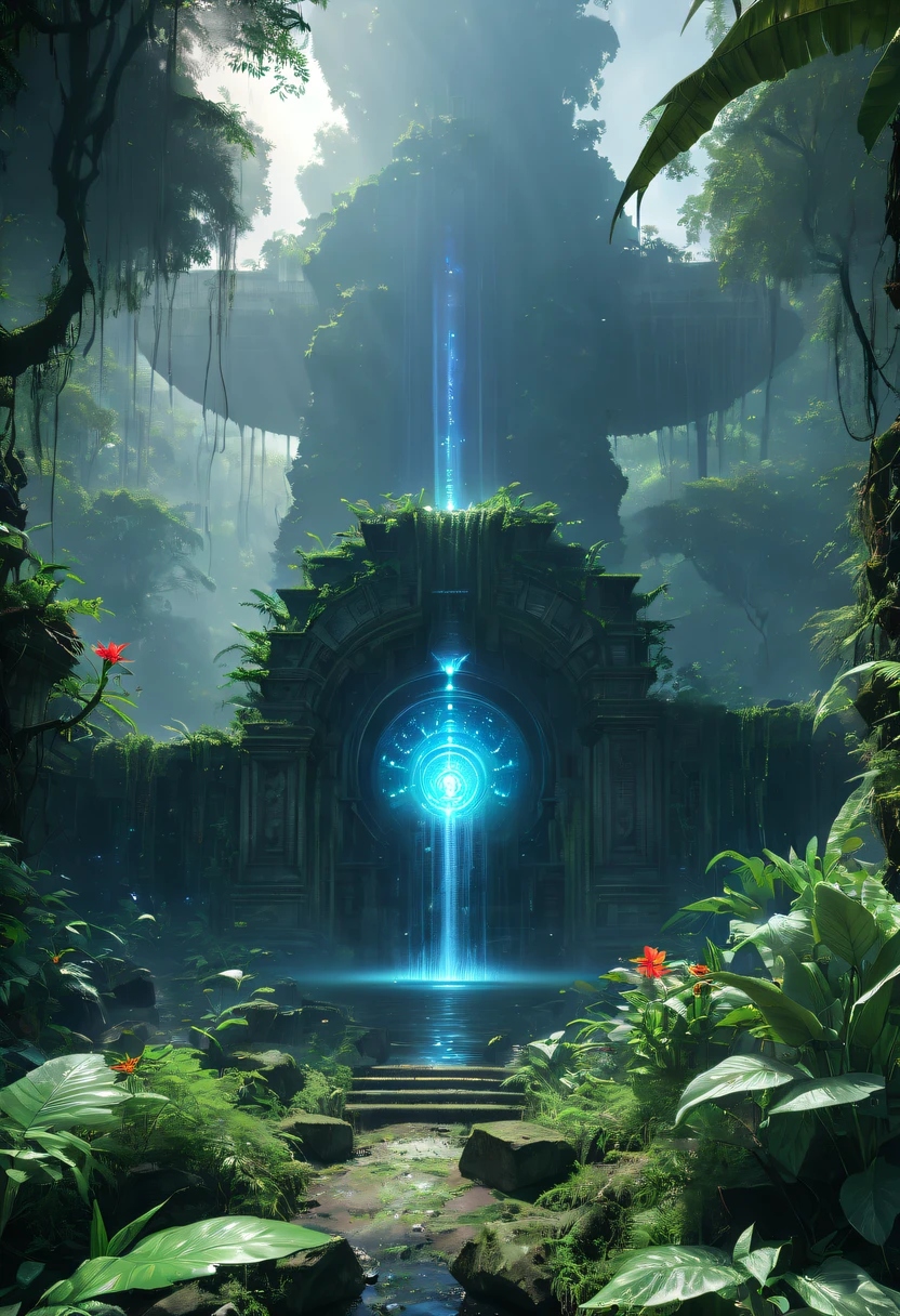 Alien civilization ruins,Alien Glyph Totem, future-tech, 诡异的magia力量, unknown cosmic energy，((Dark)),epic,8K,Fantastical,ultra - detailed,magia, Cast spells,black hole,threatening,Ridiculous resources,Abyssal,magia Circle,Excess energy,sci-fy,Abyssaltech,dark energy,Ethereal,solution,ssee-through,Abyss,Anti-tech,sci-fy,Pure energy,Cybernetic eyes, Scan grid, epic, Octagonal rendering, Heavy rain is a stunning close-up ， (tmasterpiece: 1.3), (8K, realistically, RAW photogr, Best quality at best: 1.4), Damp rainat a forest,at a forest,jungles，There is heavy rainfall，Surrounded by vines，giant and wet trees，(jungles阴暗潮湿:1.8),There are swamps on the ground,There was an air of obstruction in the woods，Spooky poisonous bugreathtaking at a forest scene，Cast a golden glow on the at a forest floor。Stream flowing over mossy rocks，Create a dangerous atmosphere。Delicate branches decorated with vibrant flowers and leaves，Add a touch of color to your scene，The cosmic energy field emits blue light，Dim lights illuminate the surroundings。Soft melody fills the air，Mesmerizing, high-quality illustrations，and pay attention to the finest details and realistic shadows,((郁郁葱葱的jungles / oases / Alien civilization ruins)),iintricate,The content is very detailed,Anders Zorn,Sophie Anderson,Leah Kuvkhinov