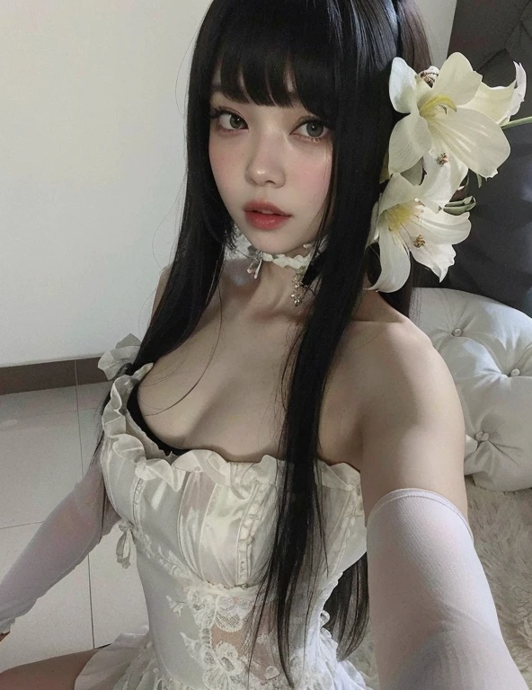 There's a woman in a white dress and a flower in her hair, menina anime , cruel korean goth girl, branco hime corte penteado, pale milky white porcelain skin, anime , Deusa japonesa, menina anime in real life, Ulzzang, Guweiz, Middle metaverse, Loli no vestido, com cabelos longos brancos