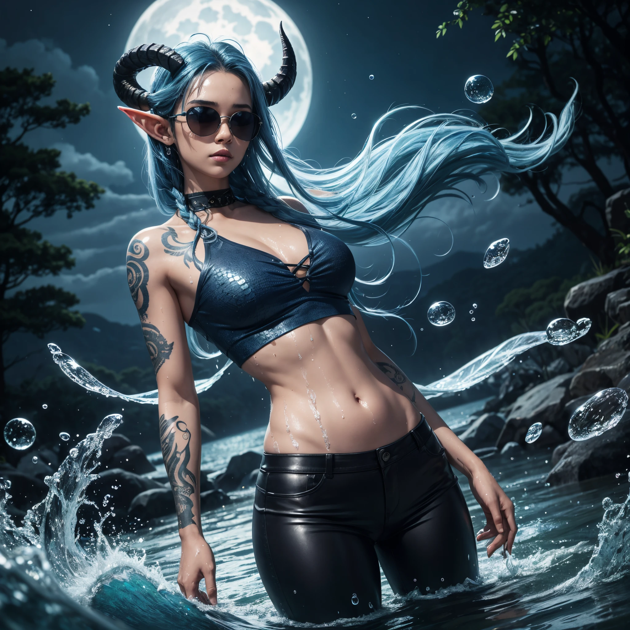 8k, masterpiece, ultra high quality, ultra detailed (real image, intricate detail, depth of field), mysterious atmosphere, African Water Goddess, ebony skin, blue hair, braided hair, horns, elf ears, gills, blue crystal clear eyes, detailed eyes, casual wear, Celestial atmosphere, moonlight,(superb),(wet skin), fishscales, blue crop top, silver coloured leather trousers, manipulating waves of water, blue scaly skin, thick body, white tattoo, wide hips, ultra wear, Sunglasses on forehead, mesmerizing look, celestial aura, river in garden, ,cinematic water bubbles, Night sky