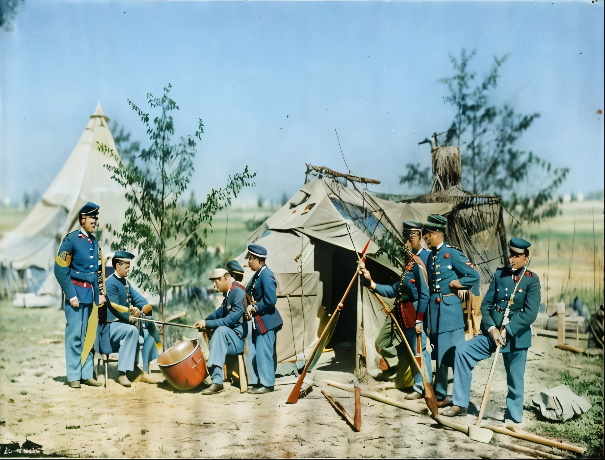 soldiers in uniforms stand in front of a tent with a fire, colorized photograph, colorized photo, colorized, a colorized photo, award winning colorized photo, color image, photo in color, colourized, colourised, colorized background, colored photo, old color photograph, colorized 1 9 0 4 photo, saturated colorized, hand - tinted, old color photo, coloured photo