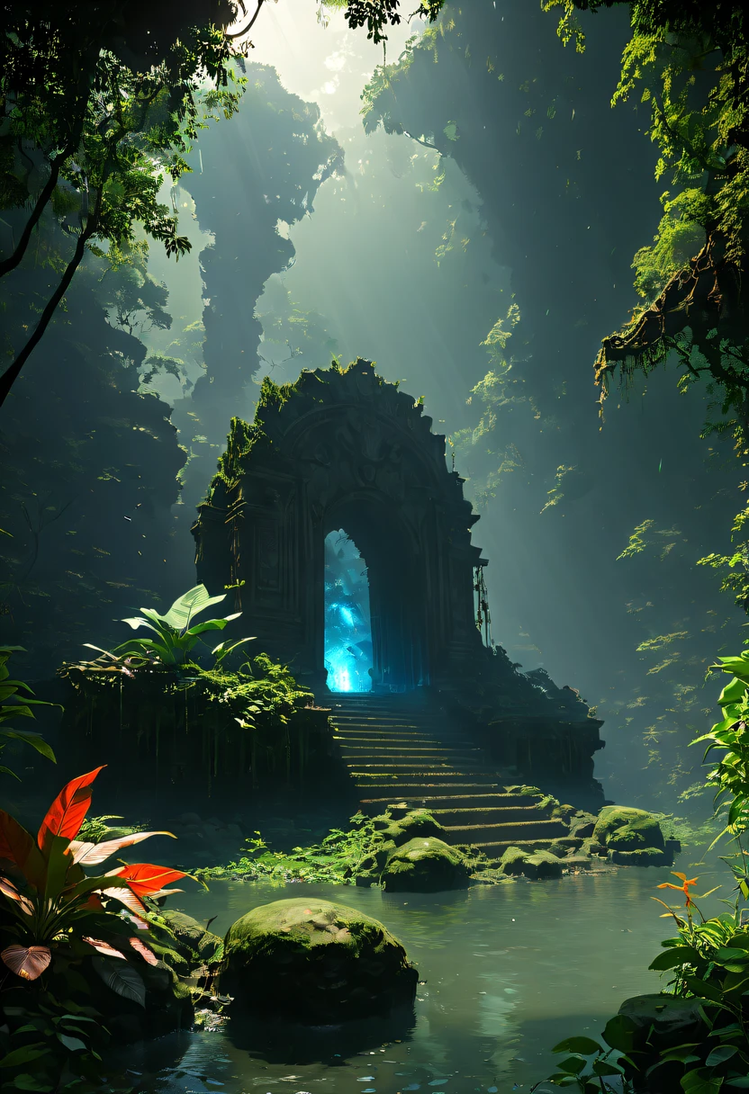 Alien civilization ruins,Alien Glyph Totem, future-tech, 诡异的magia力量, unknown cosmic energy,((Dark)),epic,8K,Fantastical,ultra - detailed,magia, Cast spells,black hole,threatening,Ridiculous resources,Abyssal,magia Circle,Excess energy,sci-fy,Abyssaltech,dark energy,Ethereal,solution,ssee-through,Abyss,Anti-tech,sci-fy,Pure energy,Heavy rain is a stunning close-up , (tmasterpiece: 1.3), (8K, realistically, RAW photogr, Best quality at best: 1.4), Damp rainat a forest,at a forest,jungles,There is heavy rainfall,Surrounded by vines,giant and wet trees,(jungles阴暗潮湿:1.8),There are swamps on the ground,There was an air of obstruction in the woods,Spooky poisonous bugreathtaking at a forest scene,Cast a golden glow on the at a forest floor。Stream flowing over mossy rocks,Create a dangerous atmosphere。Delicate branches decorated with vibrant flowers and leaves,Add a touch of color to your scene,The cosmic energy field emits blue light,Dim lights illuminate the surroundings。Soft melody fills the air,Butterflies dance among the flowers.。in the complex、This mesmerizing moment is captured in high-quality illustrations,and pay attention to the finest details and realistic shadows,((郁郁葱葱的jungles / oases / Alien civilization ruins)),iintricate,The content is very detailed,Anders Zorn,Sophie Anderson,Leah Kuvkhinov