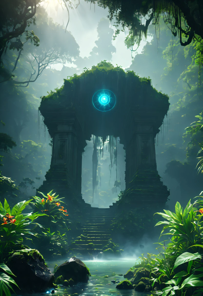 Alien civilization ruins,Alien Glyph Totem, future-tech, 诡异的magia力量, unknown cosmic energy，((Dark)),epic,8K,Fantastical,ultra - detailed,magia, Cast spells,black hole,threatening,Ridiculous resources,Abyssal,magia Circle,Excess energy,sci-fy,Abyssaltech,dark energy,Ethereal,solution,ssee-through,Abyss,Anti-tech,sci-fy,Pure energy,Heavy rain is a stunning close-up ， (tmasterpiece: 1.3), (8K, realistically, RAW photogr, Best quality at best: 1.4), Damp rainat a forest,at a forest,jungles，There is heavy rainfall，Mono Color，Surrounded by vines，giant and wet trees，(jungles阴暗潮湿:1.8),There are swamps on the ground,There was an air of obstruction in the woods，Spooky poisonous bugreathtaking at a forest scene，Tall trees stretch out to the sky，Cast a golden glow on the at a forest floor。Stream flowing over mossy rocks，Create a dangerous atmosphere。Delicate branches decorated with vibrant flowers and leaves，Add a touch of color to your scene，The cosmic energy field radiates a shimmering light，Dim lights illuminate the surroundings。Soft melody fills the air，Butterflies dance among the flowers.。in the complex、This mesmerizing moment is captured in high-quality illustrations，and pay attention to the finest details and realistic shadows,((郁郁葱葱的jungles / oases / Alien civilization ruins)),iintricate,The content is very detailed,Anders Zorn,Sophie Anderson,Leah Kuvkhinov