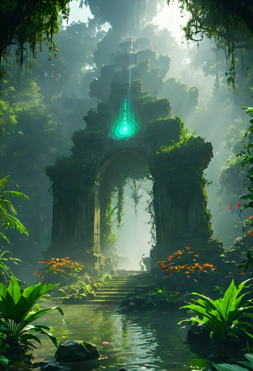 Alien civilization ruins,Alien Glyph Totem, future-tech, 诡异的magia力量, unknown cosmic energy，((Dark)),epic,8K,Fantastical,ultra - detailed,magia, Cast spells,black hole,threatening,Ridiculous resources,Abyssal,magia Circle,Excess energy,sci-fy,Abyssaltech,dark energy,Ethereal,solution,ssee-through,Abyss,Anti-tech,sci-fy,Pure energy,Heavy rain is a stunning close-up ， (tmasterpiece: 1.3), (8K, realistically, RAW photogr, Best quality at best: 1.4), Damp rainat a forest,at a forest,jungles，There is heavy rainfall，Mono Color，Surrounded by vines，giant and wet trees，(jungles阴暗潮湿:1.8),There are swamps on the ground,There was an air of obstruction in the woods，Spooky poisonous bugreathtaking at a forest scene，Tall trees stretch out to the sky，Cast a golden glow on the at a forest floor。Stream flowing over mossy rocks，Create a dangerous atmosphere。Delicate branches decorated with vibrant flowers and leaves，Add a touch of color to your scene，The cosmic energy field radiates a shimmering light，Dim lights illuminate the surroundings。Soft melody fills the air，Butterflies dance among the flowers.。in the complex、This mesmerizing moment is captured in high-quality illustrations，and pay attention to the finest details and realistic shadows,((郁郁葱葱的jungles / oases / Alien civilization ruins)),iintricate,The content is very detailed,Anders Zorn,Sophie Anderson,Leah Kuvkhinov
