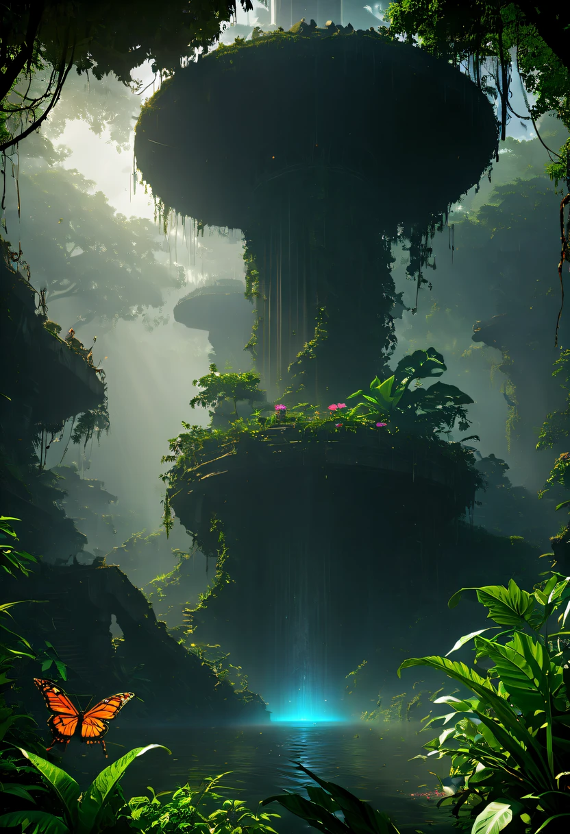 Alien civilization ruins,Alien Glyph Totem, future-tech, 诡异的magia力量, unknown cosmic energy,((Dark)),epic,8K,Fantastical,ultra - detailed,magia, Cast spells,black hole,threatening,Ridiculous resources,Abyssal,magia Circle,Excess energy,sci-fy,Abyssaltech,dark energy,Ethereal,solution,ssee-through,Abyss,Anti-tech,sci-fy,Pure energy,Heavy rain is a stunning close-up , (tmasterpiece: 1.3), (8K, realistically, RAW photogr, Best quality at best: 1.4), Damp rainat a forest,at a forest,jungles,There is heavy rainfall,Mono Color,Surrounded by vines,giant and wet trees,(jungles阴暗潮湿:1.8),There are swamps on the ground,There was an air of obstruction in the woods,Spooky poisonous bugreathtaking at a forest scene,Tall trees stretch out to the sky,Cast a golden glow on the at a forest floor。Stream flowing over mossy rocks,Create a dangerous atmosphere。Delicate branches decorated with vibrant flowers and leaves,Add a touch of color to your scene。Fireflies dancing in the air,Dim lights illuminate the surroundings。Soft melody fills the air,Butterflies dance among the flowers.。in the complex、This mesmerizing moment is captured in high-quality illustrations,and pay attention to the finest details and realistic shadows,((郁郁葱葱的jungles / oases / Alien civilization ruins)),iintricate,The content is very detailed,Anders Zorn,Sophie Anderson,Leah Kuvkhinov