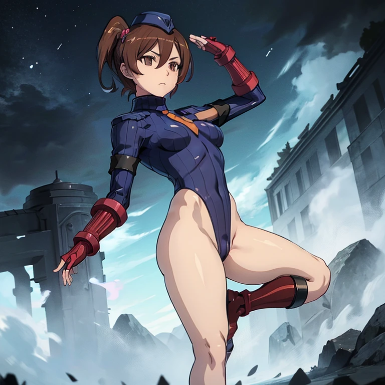 ultra-detailed, Explicit, Beautiful body, Beautiful Nose, Beautiful character design, perfect eyes, perfect face, ultra highres, 4K, beautiful legs, perfect legs, Nice hands, Perfect hand, Masterpiece, Best Quality, Highly detailed, illustration, absurdres, street fighter, doll suit, shadaloo doll, dollsuit, 1girl, solo, expressionless, blank eyes, looking at viewer, red gloves, emotionless, black latex, corrution, mind control, female combatant, full body, hypnotized, unhappy trance, full body suit, ribbed bodysuit, both arms at side, obey, perfect female body, extremely glossy latex, hypnosis, hypnoLora, empty eyes, Mind control device, poses, submissive_pose, Slave, hat, necktie, stand up straight, standing, standing at attention, hat, necktie, belt, latex, ribbed bodysuit, thighhighs, garter belt, Fighting Stance, extending the right arm from the shoulder into the air with a straightened hand, nazi saluting, military, military saluting, salute, thigh, Kuribayashi Shino, Gate: Jieitai Kanochi nite, Kaku Tatakaeri, brown hair, side ponytail, brown eyes, gun, holding gun