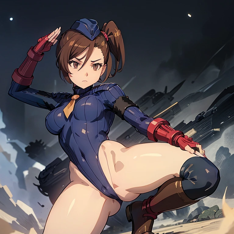 ultra-detailed, Explicit, Beautiful body, Beautiful Nose, Beautiful character design, perfect eyes, perfect face, ultra highres, 4K, beautiful legs, perfect legs, Nice hands, Perfect hand, Masterpiece, Best Quality, Highly detailed, illustration, absurdres, street fighter, doll suit, shadaloo doll, dollsuit, 1girl, solo, expressionless, blank eyes, looking at viewer, red gloves, emotionless, black latex, corrution, mind control, female combatant, full body, hypnotized, unhappy trance, full body suit, ribbed bodysuit, both arms at side, obey, perfect female body, extremely glossy latex, hypnosis, hypnoLora, empty eyes, Mind control device, poses, submissive_pose, Slave, hat, necktie, stand up straight, standing, standing at attention, hat, necktie, belt, latex, ribbed bodysuit, thighhighs, garter belt, Fighting Stance, extending the right arm from the shoulder into the air with a straightened hand, nazi saluting, military, military saluting, salute, thigh, Kuribayashi Shino, Gate: Jieitai Kanochi nite, Kaku Tatakaeri, brown hair, side ponytail, brown eyes, gun, holding gun