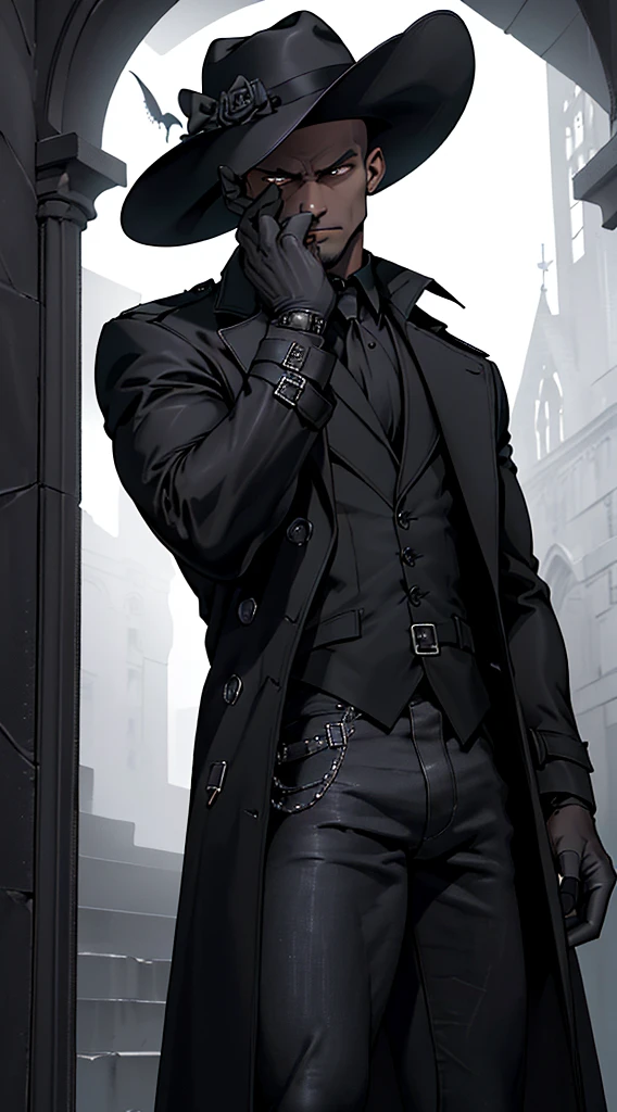 (best quality, 4K, highres, masterpiece:1.2), gothic man, brown-skinned, buzz cut, gothic black hat, black gloves, black gothic trench coat, black jeans, high details, gothic aesthetic, dramatic lighting