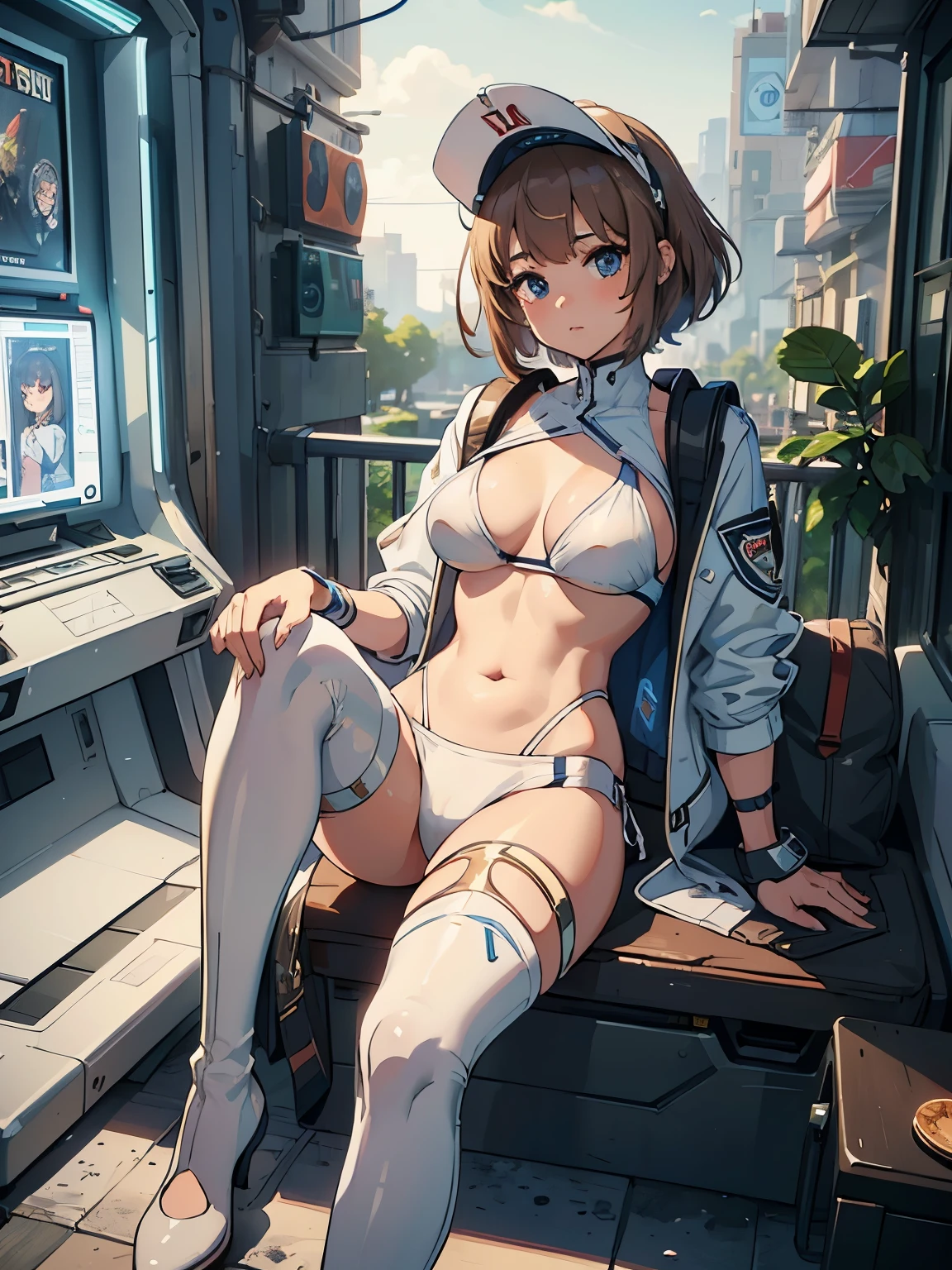 ((masterpiece, best quality, ultra detailed, 8K)), 1girl, solo, stunning cute girl, ultra detailed face, ultra detailed eyes, light brown very short hair with bangs, ivory and blue bikini with jacket, visor, long boots, backpack, playing arcade game in amusement arcade