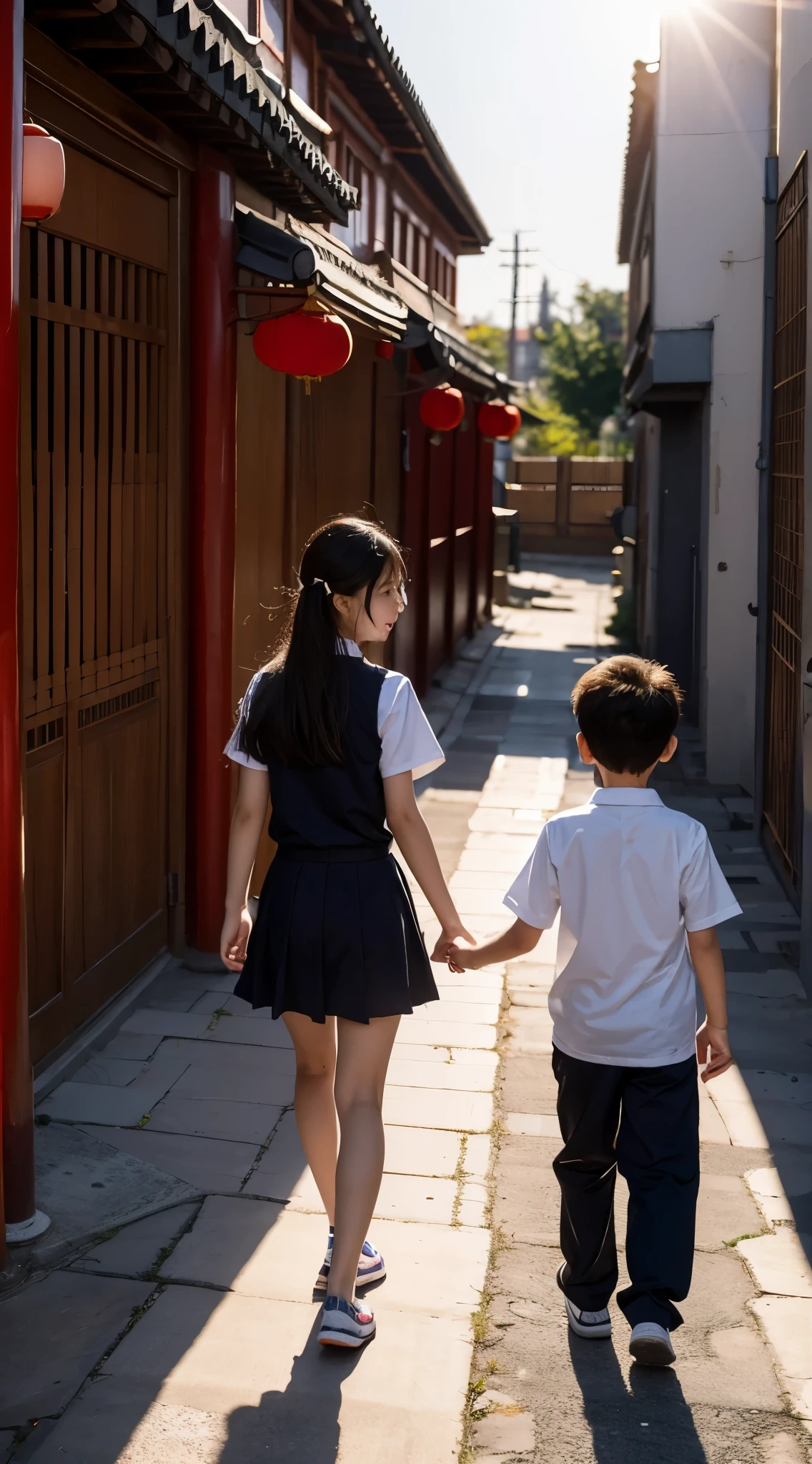 back shadow,Sister in school uniform holds the hand of her 4 brother,Walking in the alleys of Beijing,and the sun was shining brightly