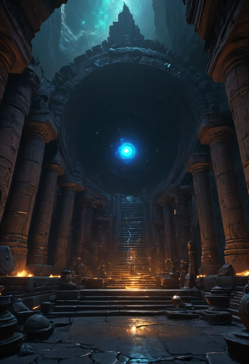 Fantasy underground cave,Alien civilization ruins,mysterious tomb,Metal coffin,treasures,Glowing gold coins,terracotta warriors,cultural relic,curio,alien text totem,Ultra-future technology,诡异的magia力量,unknown cosmic energy,Cybernetic eyes, Scan grid, epic, grand, Octagonal rendering, enhancer, iintricate, ((Dark)),epic,8K,Fantastical,ultra - detailed,magia, Cast spells,black hole,threatening,Ridiculous resources,Abyssal,magia Circle,Excess energy,sci-fy,Abyssaltech,dark energy,Ethereal,solution,ssee-through,Abyss,Anti-tech,sci-fy,Pure energy,(tmasterpiece, Representative Works, offcial art, professional, Unity8k wallpaper:1.3)