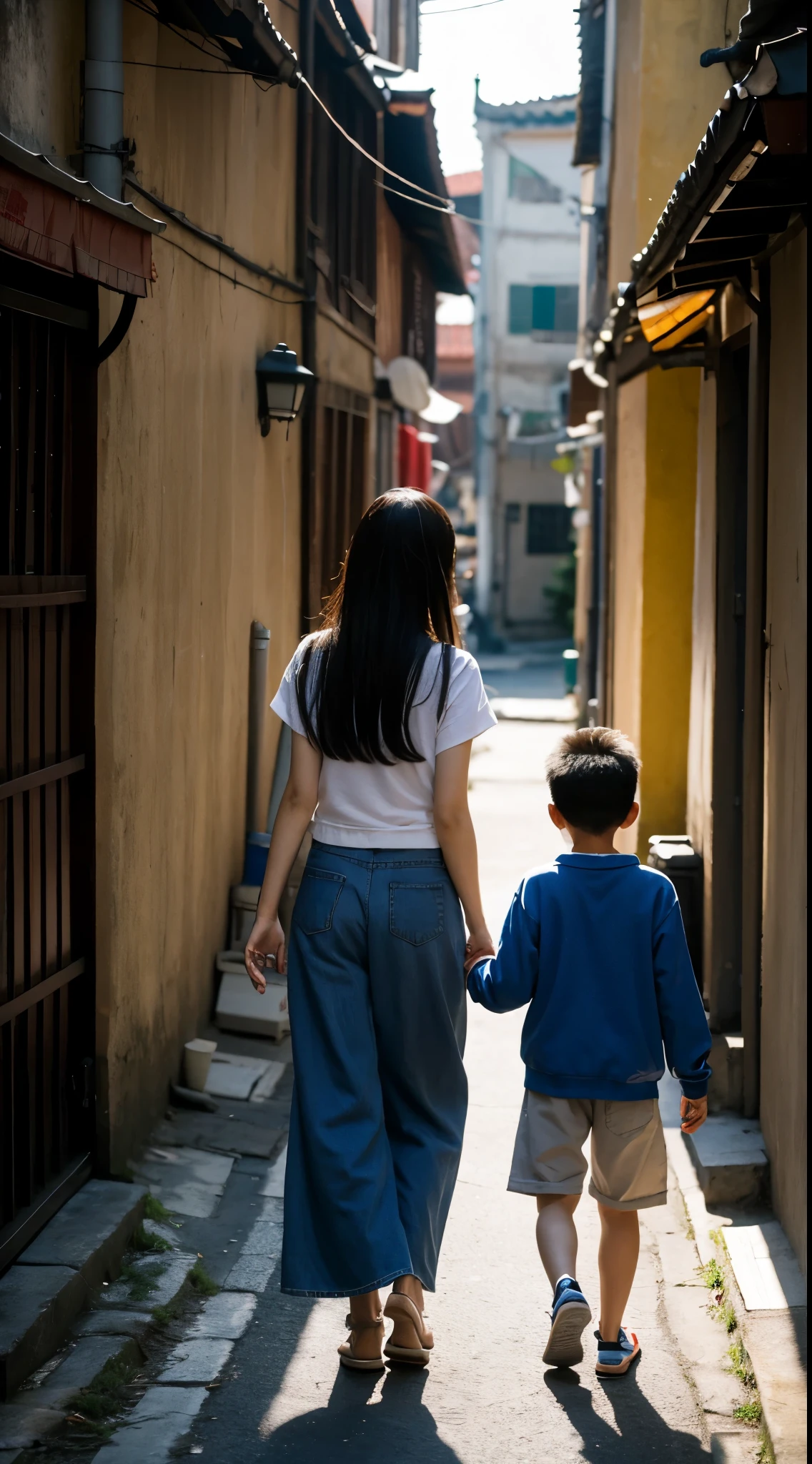 Back Shadoao Gao&#39;s sister holds the hand of her 4-year-old brother，Walk down the alleys，and the sun was shining brightly