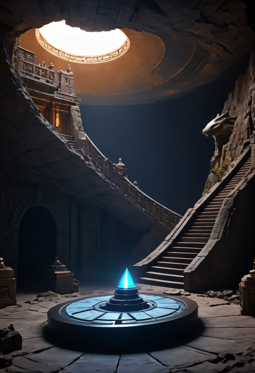 A wonderful underground cave, Alien civilization ruins, a mysterious tomb, Metal coffin, a treasure, Sparkling gold coins, terracotta warriors, antiquities, cultural relic, alien hieroglyphics, future-tech, 诡异的magia力量, unknown cosmic energy, eye of control, Scan grid, epic, grand, octaneratingrendering, Enhanced, iintricate, ((Dark)),epic,8K,Fantastical,ultra - detailed,magia, Cast spells,black hole,threatening,Ridiculous resources,Abyssal,magia Circle,Excess energy,sci-fy,Abyssaltech,dark energy,Ethereal,solution,ssee-through,Abyss,Anti-tech,sci-fy,Pure energy, (tmasterpiece, flagship artwork, offcial art, professional, Unity8k wallpapers:1.3), ultra - detailed, (actual, photoactual, photo-actual:1.37), HighDynamicRange, hyper HD, Studio lighting, Ultra-fine painting, Focus sharp, physically-based renderingt, professional, vivd colour, bokeh.