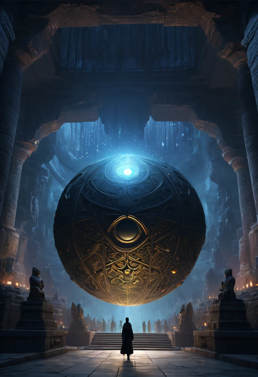 A wonderful underground cave, Alien civilization ruins, a mysterious tomb, Metal coffin, a treasure, Sparkling gold coins, terracotta warriors, antiquities, cultural relic, alien hieroglyphics, future-tech, 诡异的magia力量, unknown cosmic energy, eye of control, Scan grid, epic, grand, octaneratingrendering, Enhanced, iintricate, ((Dark)),epic,8K,Fantastical,ultra - detailed,magia, Cast spells,black hole,threatening,Ridiculous resources,Abyssal,magia Circle,Excess energy,sci-fy,Abyssaltech,dark energy,Ethereal,solution,ssee-through,Abyss,Anti-tech,sci-fy,Pure energy, (tmasterpiece, flagship artwork, offcial art, professional, Unity8k wallpapers:1.3), ultra - detailed, (actual, photoactual, photo-actual:1.37), HighDynamicRange, hyper HD, Studio lighting, Ultra-fine painting, Focus sharp, physically-based renderingt, professional, vivd colour, bokeh.