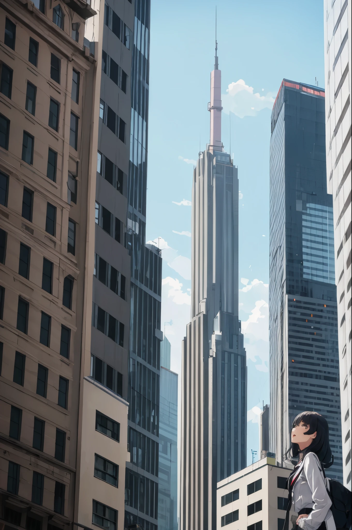 She is standing on the roof of a high-rise building