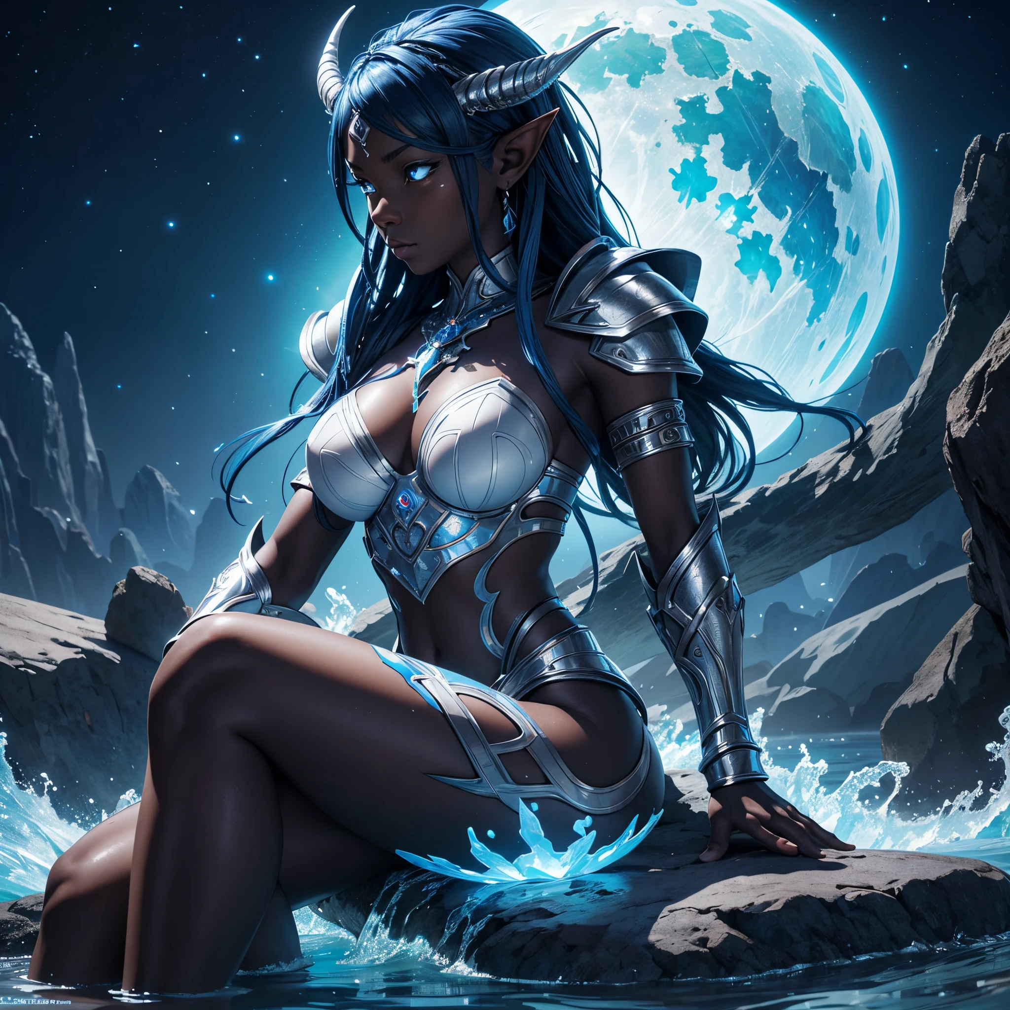 8k, masterpiece, ultra high quality, ultra detailed (real image, intricate detail, depth of field), mysterious atmosphere, African Water Goddess, ebony skin, blue hair, braided hair, horns, elf ears, gills, blue crystal clear eyes, detailed eyes, Armour, Celestial atmosphere, moonlight,(superb),(wet skin), tanline, silver armour, manipulating waves of water, blue scaly skin, thick body, white tattoo, wide hips, ultra detailed armour, translucent, mesmerizing look, celestial aura, sitting on a rock, In in the middle of the sea, Night sky