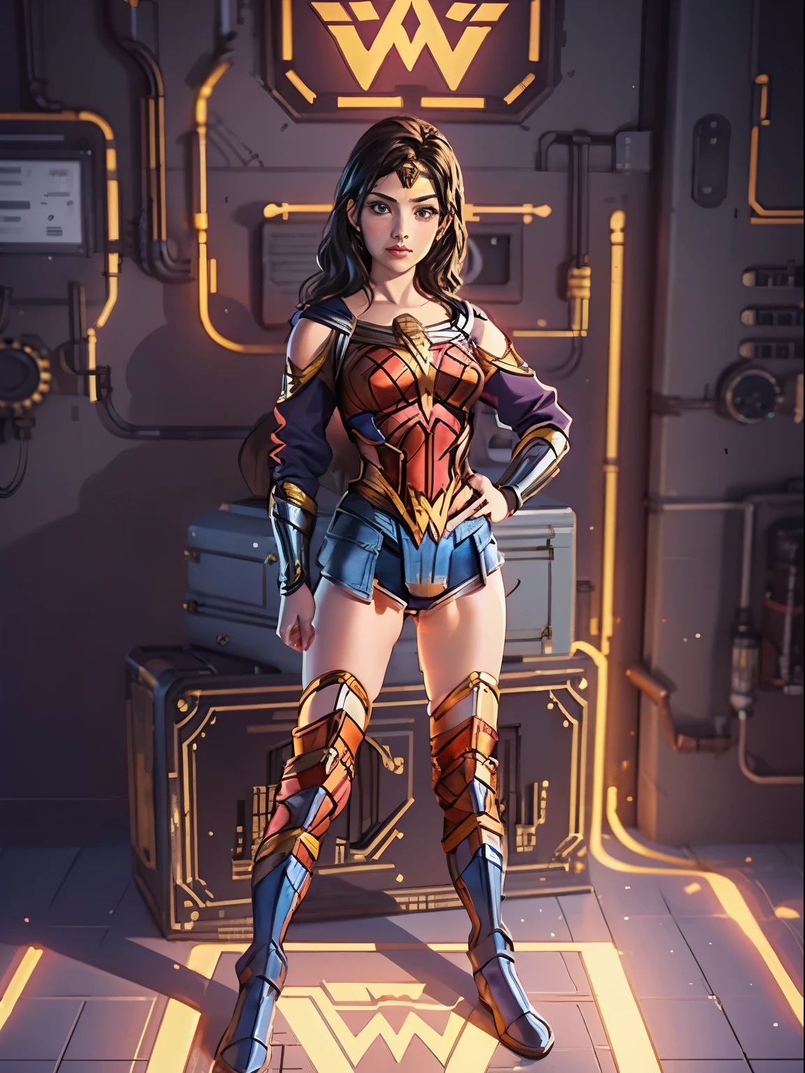 1girl, solo, ((leotard, bare legs)), boots, standing, hands on hip, Wonder Woman