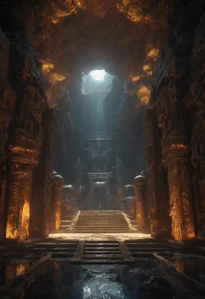 A wonderful underground cave, Alien civilization ruins, a mysterious tomb, Metal coffin, a treasure, Sparkling gold coins, terracotta warriors, antiquities, cultural relic, alien hieroglyphics, future-tech, 诡异的magia力量, unknown cosmic energy, eye of control, Scan grid, epic, grand, octaneratingrendering, Enhanced, iintricate, ((Dark)),epic,8K,Fantastical,ultra - detailed,magia, Cast spells,black hole,threatening,Ridiculous resources,Abyssal,magia Circle,Excess energy,sci-fy,Abyssaltech,dark energy,Ethereal,solution,ssee-through,Abyss,Anti-tech,sci-fy,Pure energy, (tmasterpiece, flagship artwork, offcial art, professional, Unity8k wallpapers:1.3), ultra - detailed, (actual, photoactual, photo-actual:1.37), HighDynamicRange, hyper HD, Studio lighting, Ultra-fine painting, Focus sharp, physically-based renderingt, professional, vivd colour, bokeh.
