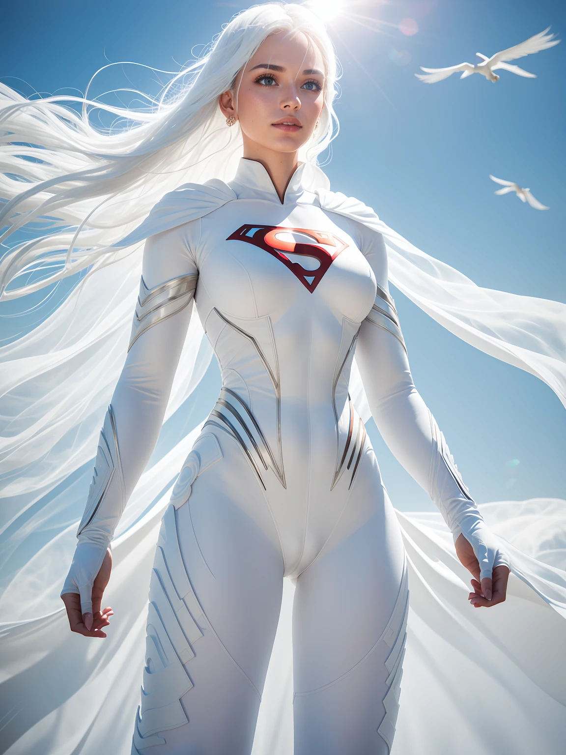 A 25-year-old girl with white hair in an elaborate Superman costume with long sleeves in white, covering the whole body, Matte pastel colours, (dramatic:1.3), white capelet, White Superman Costume, Suit with white carbon fiber details, flying in the sky, (intricate details:0.9), (HDR, hyper-detailing:1.2), (natural skin textures, hyper realisitc, soft light, Sharp, Photos in RAW and 35mm format.