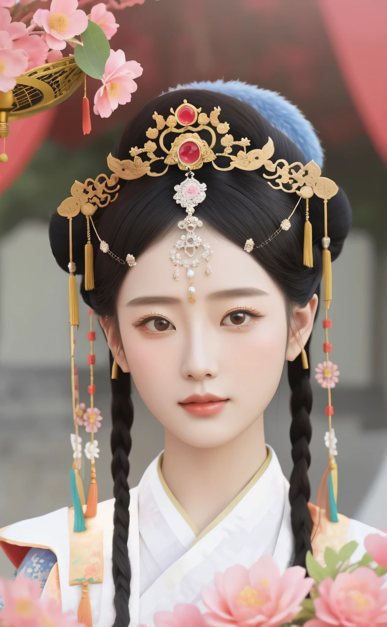 A man wears a headdress、Close up of lady with flowers in background, ancient China Princess, beautiful fantasy empress, China Princess, 宮 , A girl in Hanfu, Hanfu, china idol traditional, ancient asian dynasty princess, chinese empress, china idol, Exquisite renderings of the Tang Dynasty, ((beautiful fantasy empress)), Gorgeous and huge headdress
