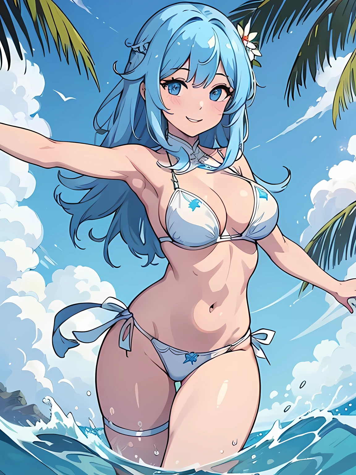 ((masutepiece)), ((Best Quality)), (ultra-detailliert), ((Extremely detailed)), 4K, (8K), 1girl in, Stunning cute girl with a smile, ultra-detailliert eyes, Medium hair with light blue bangs, White Bikini, diving in the tropical sea