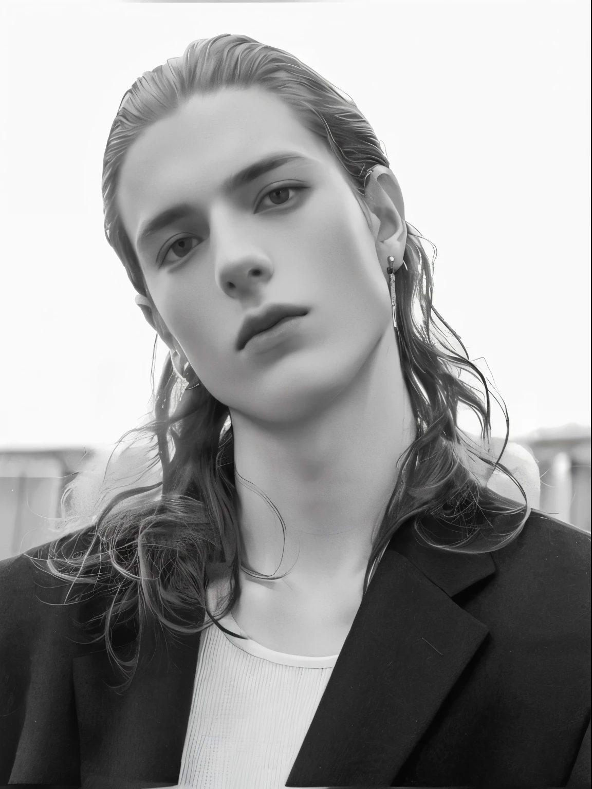 hay un hombre con el pelo largo y una chaqueta puesta, Editorial oficial de Jil Sander, young handsome pale roma, androgynous male, Modelo editorial, delicate androgynous prince, por Micha Klein, androginia, androgynous, Editorial oficial de Versace, editorial photograph, androgynous person, beautiful androgynous prince, Imagen editorial, Editorial oficial de Valentino