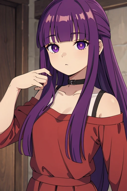 fern, long hair, bangs, (purple eyes:1.1), purple hair, sidelocks, blunt bangs, (bright pupils:1.5), half updo,,red dress,sexy,open clothes,