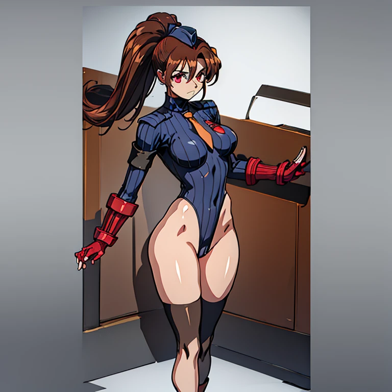 ultra-detailed, Explicit, Beautiful body, Beautiful Nose, Beautiful character design, perfect eyes, perfect face, ultra highres, 4K, beautiful legs, perfect legs, Nice hands, Perfect hand, Masterpiece, Best Quality, Highly detailed, illustration, absurdres, street fighter, doll suit, shadaloo doll, dollsuit, 1girl, solo, expressionless, blank eyes, looking at viewer, red gloves, emotionless, black latex, corrution, mind control, female combatant, full body, hypnotized, unhappy trance, full body suit, ribbed bodysuit, both arms at side, obey, perfect female body, extremely glossy latex, hypnosis, hypnoLora, empty eyes, Mind control device, poses, submissive_pose, Slave, hat, necktie, stand up straight, standing, standing at attention, hat, necktie, belt, latex, ribbed bodysuit, thighhighs, garter belt, Fighting Stance, extending the right arm from the shoulder into the air with a straightened hand, nazi saluting, military, military saluting, salute, thigh, Takeuchi Yuuka, Variable , brown hair, ponytail, red eyes, long hair