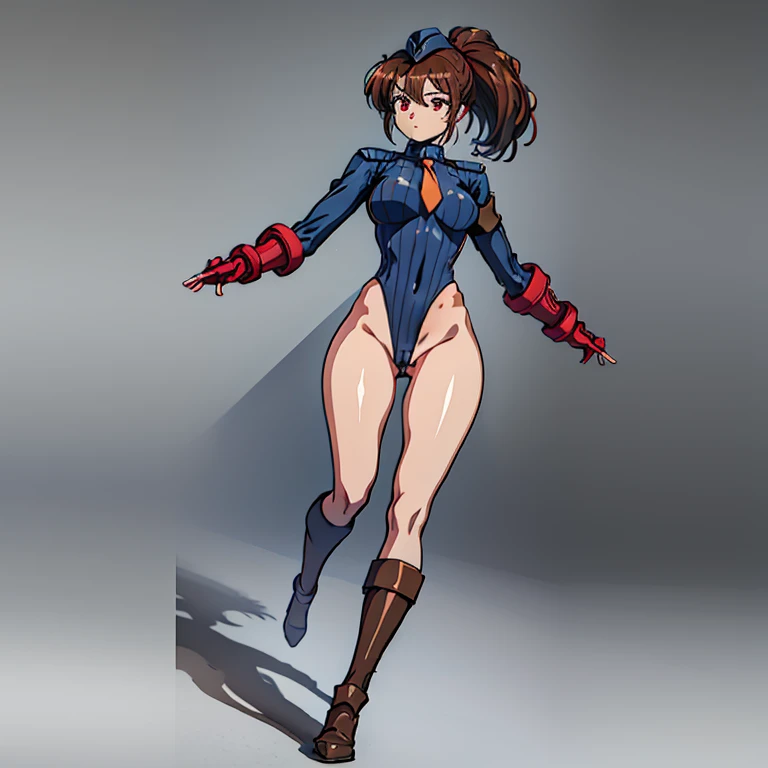 ultra-detailed, Explicit, Beautiful body, Beautiful Nose, Beautiful character design, perfect eyes, perfect face, ultra highres, 4K, beautiful legs, perfect legs, Nice hands, Perfect hand, Masterpiece, Best Quality, Highly detailed, illustration, absurdres, street fighter, doll suit, shadaloo doll, dollsuit, 1girl, solo, expressionless, blank eyes, looking at viewer, red gloves, emotionless, black latex, corrution, mind control, female combatant, full body, hypnotized, unhappy trance, full body suit, ribbed bodysuit, both arms at side, obey, perfect female body, extremely glossy latex, hypnosis, hypnoLora, empty eyes, Mind control device, poses, submissive_pose, Slave, hat, necktie, stand up straight, standing, standing at attention, hat, necktie, belt, latex, ribbed bodysuit, thighhighs, garter belt, Fighting Stance, extending the right arm from the shoulder into the air with a straightened hand, nazi saluting, military, military saluting, salute, thigh, Takeuchi Yuuka, Variable , brown hair, ponytail, red eyes, long hair