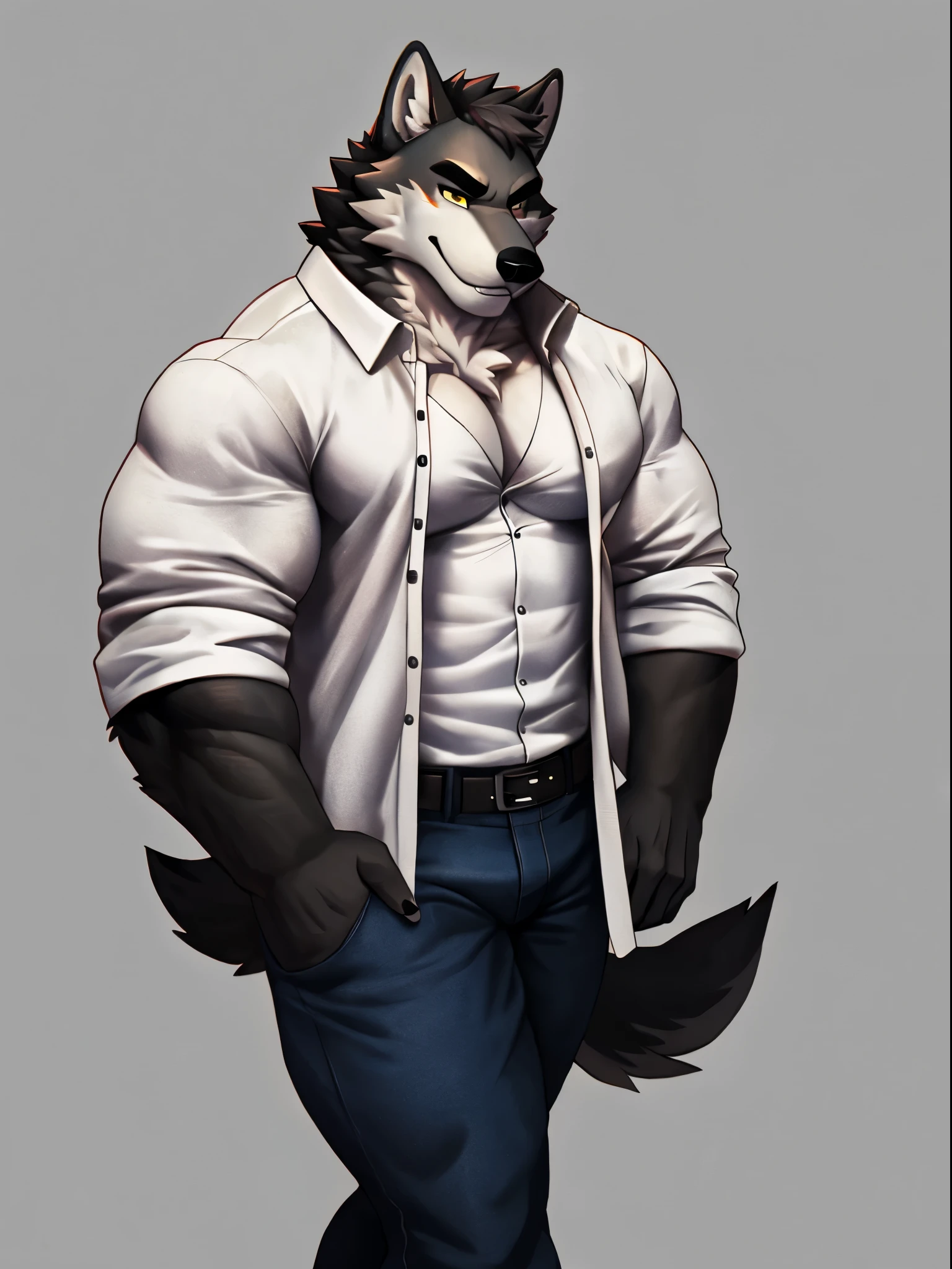 (soft shading), 8k, 4k background ((best quality, soft art, detailed art, rich in details, soft lighting, perfect lighting, white lighting, detailed shading, detailed anatomy, perfect anatomy, detailed hands, detailed fingers, detailed eyes , detailed pupils, white sclera, beautiful pupils, detailed body)), by buta99, by zackary911, by dangpa, 1 man, strong white wolf, muscular white wolf, strong white wolf, calm white wolf, calm and serene face, white wolf, beautiful white wolf, muscular body, hairy body, beautiful white fur, strong body, wear ear piercing, eyebrow piercing, golden piercing, winter coat, large coat, fuzzy coat, white coat, without a blouse, showing her body, showing his pecs, black nipples, his abs, detailed pecs, detailed abs, six packs, detailed packs, detailed muscular body, muscular man, white hairy man, black pants, jeans, high boots, brown boots, calm face, calm look, yellow eyes, looks calm, looks relaxed, relaxed look, no smile, black background