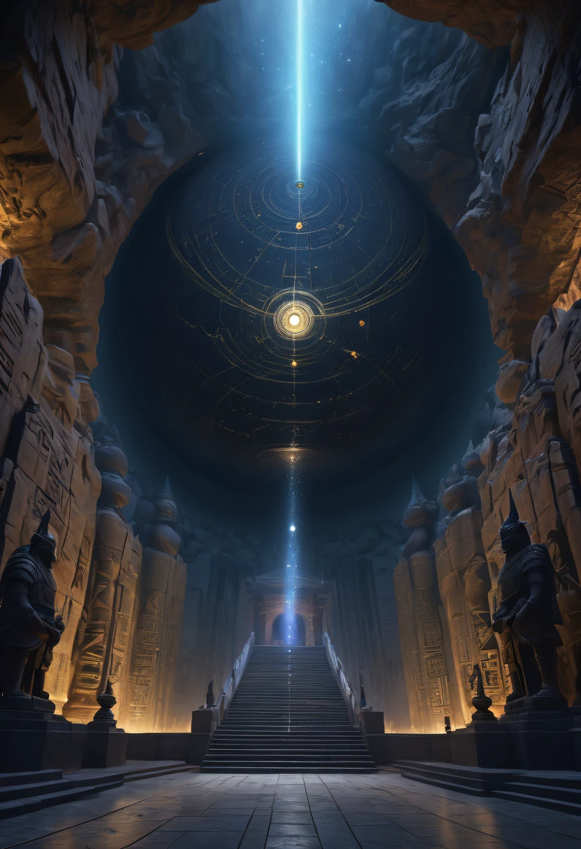 A wonderful underground cave, Alien civilization ruins, a mysterious tomb, Metal coffin, a treasure, Sparkling gold coins, terracotta warriors, antiquities, cultural relic, alien hieroglyphics, future-tech, 诡异的magia力量, unknown cosmic energy, eye of control, Scan grid, epic, grand, octaneratingrendering, Enhanced, iintricate, ((Dark)),epic,8K,Fantastical,ultra - detailed,magia, Cast spells,black hole,threatening,Ridiculous resources,Abyssal,magia Circle,Excess energy,sci-fy,Abyssaltech,dark energy,Ethereal,solution,ssee-through,Abyss,Anti-tech,sci-fy,Pure energy, (tmasterpiece, flagship artwork, offcial art, professional, Unity8k wallpapers:1.3), ultra - detailed, (actual, photoactual, photo-actual:1.37), HighDynamicRange, hyper HD, Studio lighting, Ultra-fine painting, Focus sharp, physically-based renderingt, professional, vivd colour, bokeh.