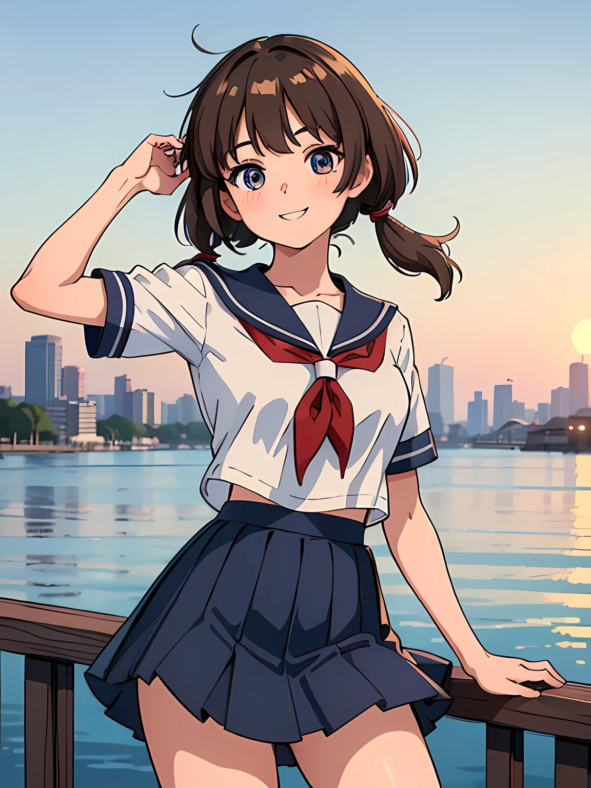 ((masutepiece, Best Quality, ultra-detailliert, 8K)), 1girl in, flat-colors, Tetradic color, medium breasts, Stunning cute girl with a smile, ultra-detailliert eyes, Light brown short low twintail hair with bangs, Sailor School Uniform, Short skirt, The wind is blowing her hair and skirt, Midsummer residential area