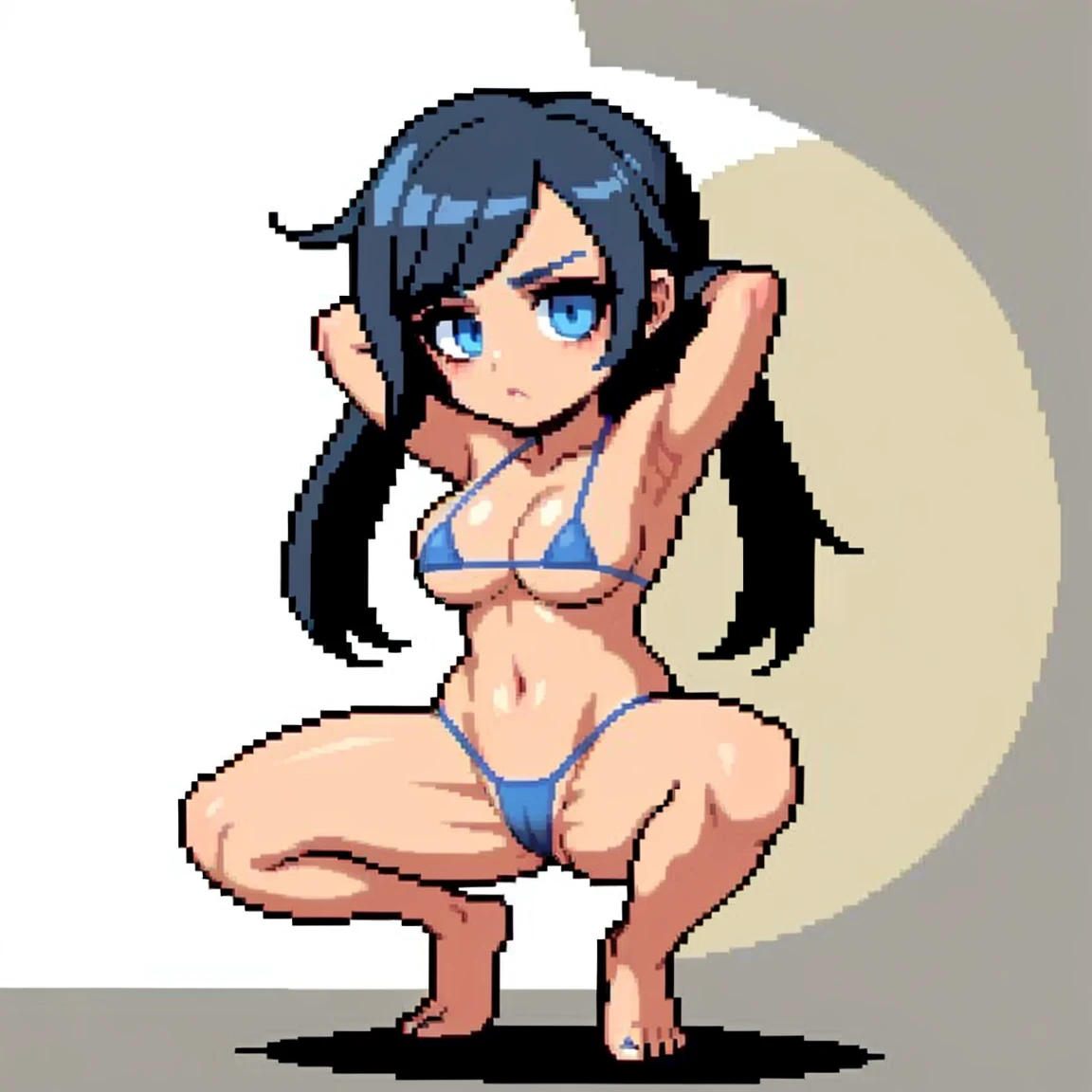 (masterpiece, top quality, best quality, less detail, 8-bit color), pixel,pixel art,1girl, fullbody, smack studio, separate body for edit, ((squatting)), ((armpits)), arms above and behind head, (micro bikini), bare foot