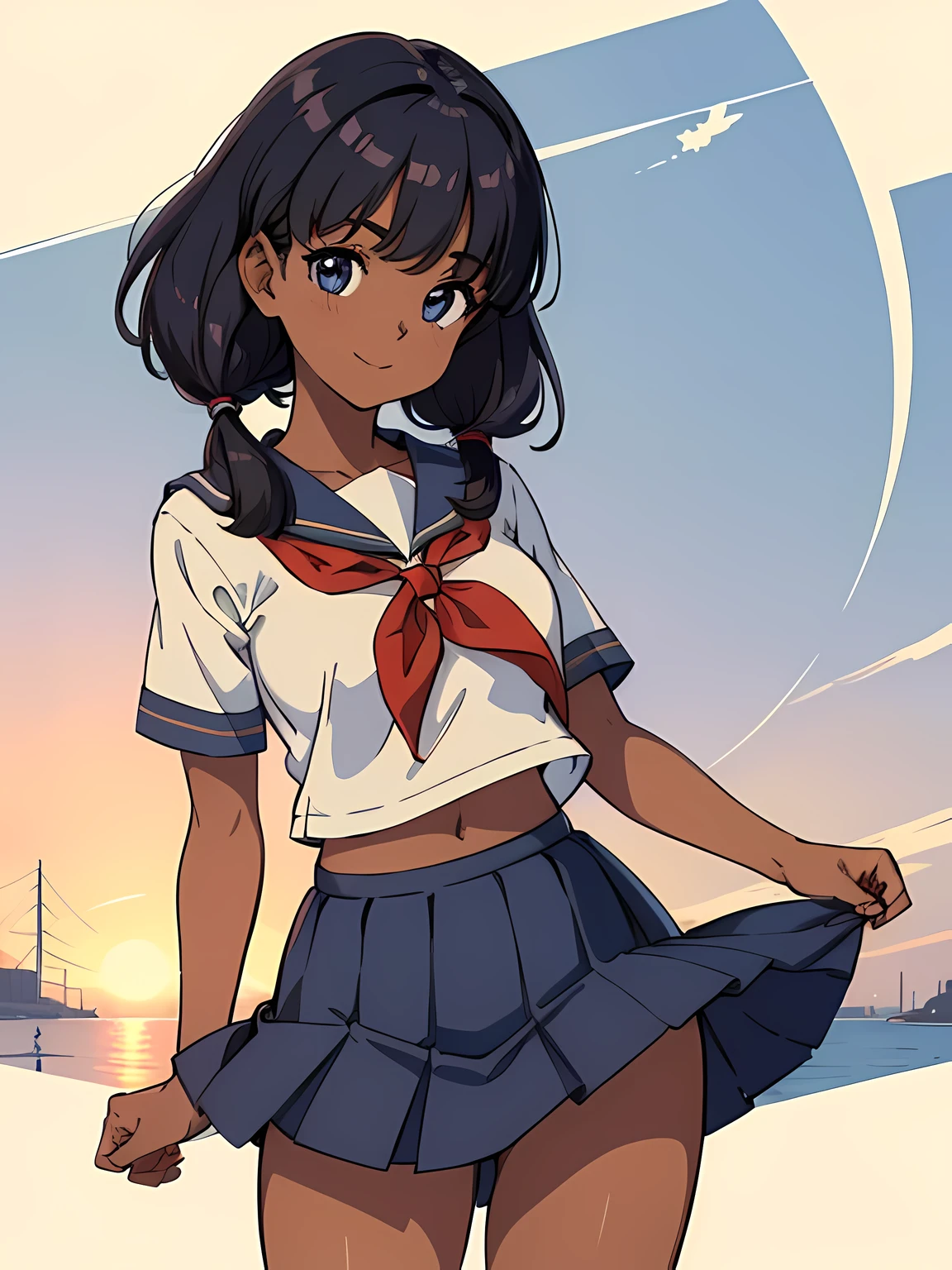 ((masutepiece, Best Quality, ultra-detailliert, 8K)), 1girl in, flat-colors, Tetradic color, medium breasts, Light dark skin, Stunning cute girl with a smile, ultra-detailliert eyes, Light brown short low twintail hair with bangs, Sailor School Uniform, Short skirt, The wind is blowing her hair and skirt, Midsummer residential area