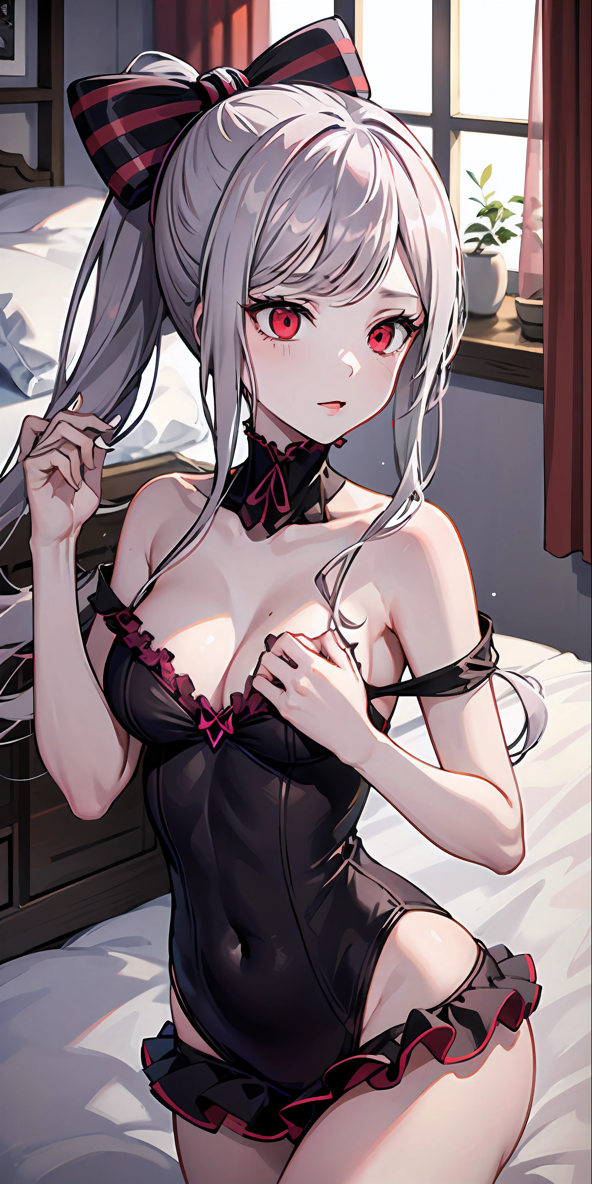 Shaltir, 1menina, Vampires, sit on a bed, legs crossed, pale-skinned, white skinned, sobu, ssmile, with her mouth open, book case, long skirt, Cut the eye, Ruffled dresses, hair pin, Split Lighting, Light particles, The is very detailed, Ridiculousness, tmasterpiece, Good anatomy, hands in hair, Chopping
