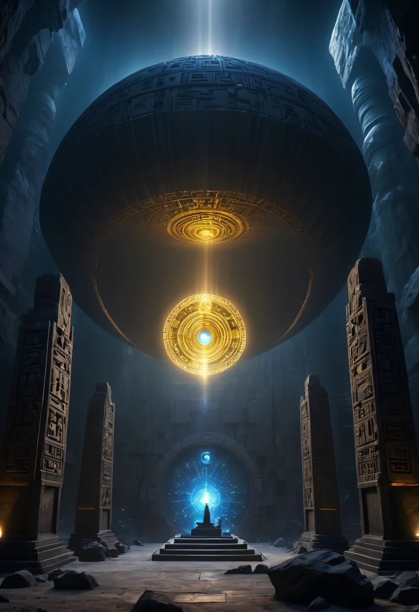 Fantasy underground cave,Alien civilization ruins,mysterious tomb,Metal coffin,treasures,Glowing gold coins,terracotta warriors,cultural relic,curio,alien text totem，Ultra-future technology，诡异的magia力量，unknown cosmic energy，Cybernetic eyes, Scan grid, epic, grand, Octagonal rendering, enhancer, iintricate, ((Dark)),epic,8K,Fantastical,ultra - detailed,magia, Cast spells,black hole,threatening,Ridiculous resources,Abyssal,magia Circle,Excess energy,sci-fy,Abyssaltech,dark energy,Ethereal,solution,ssee-through,Abyss,Anti-tech,sci-fy,Pure energy,(tmasterpiece, Representative Works, offcial art, professional, Unity8k wallpaper:1.3)