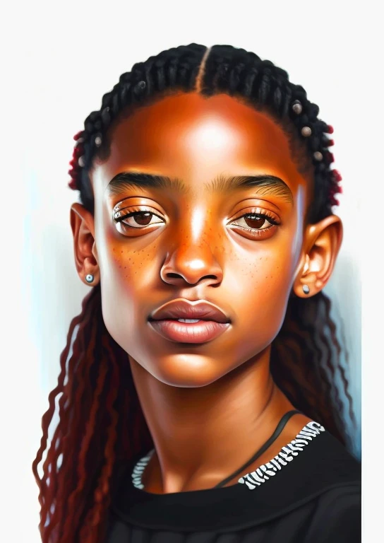 um close up de uma mulher com cabelos longos e uma camisa preta, retrato digital, retrato de arte digital, # 1 pintura digital de todos os tempos, #1 pintura digital de todos os tempos, digital illustration portrait, retrato de rosto detalhado realista, Retrato de Willow Smith, retrato colorido detalhado, digital oil on canvas, pintado digital, rosto detalhado de uma mulher, digital oil painting
