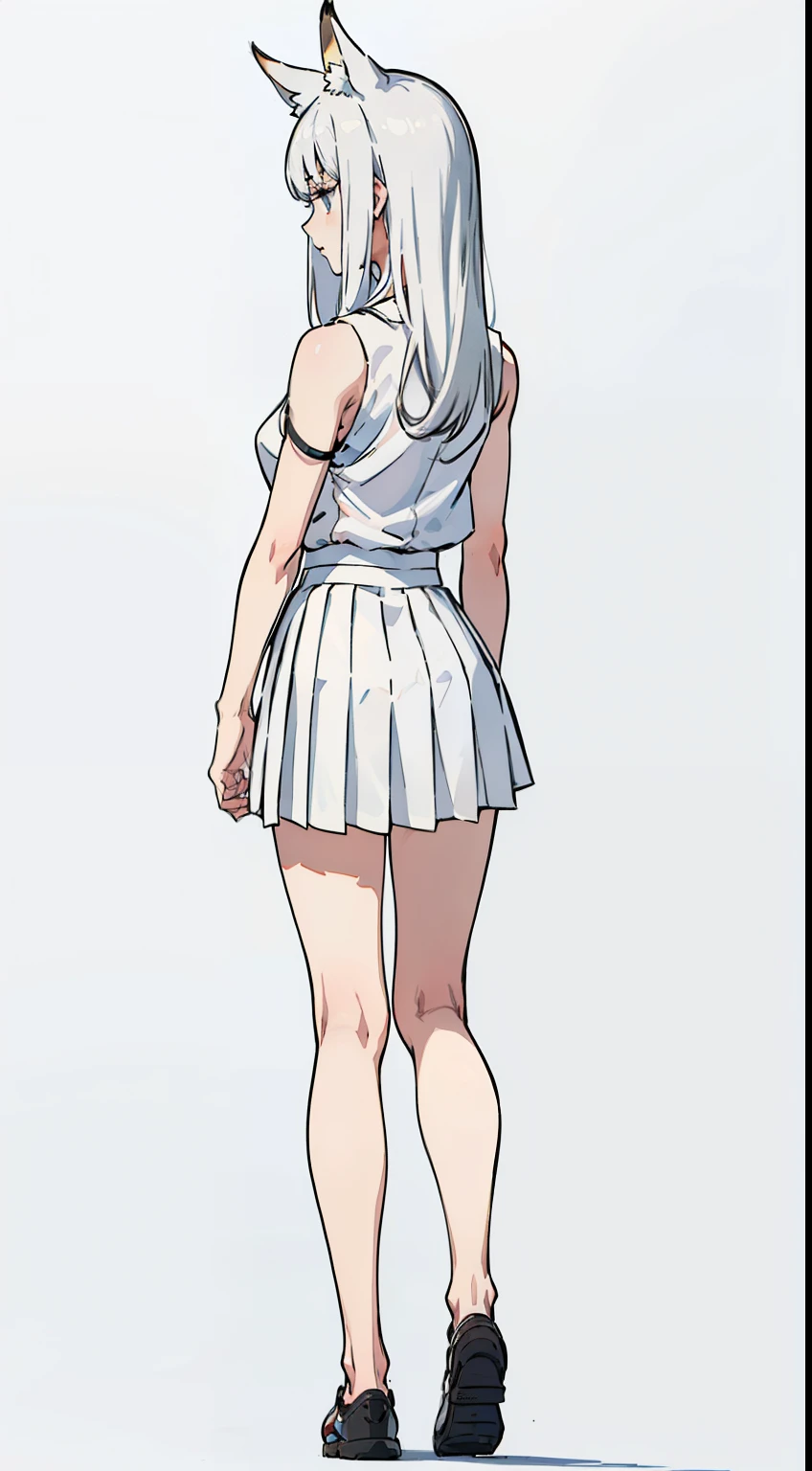 1girl,solo,mature female,((white sleeveless and shoulderless t-shirt)),(((white pleated skirt))),silver hair,long hair,fox ears,((white background)),(((from back,no show face,full body)))