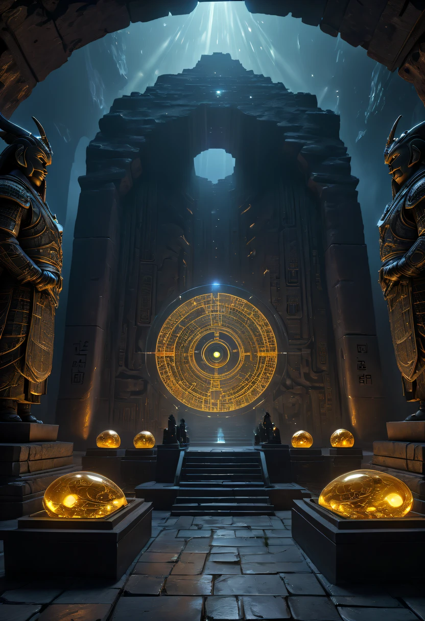 A wonderful underground cave, Alien civilization ruins, a mysterious tomb, Metal coffin, a treasure, Sparkling gold coins, terracotta warriors, antiquities, cultural relic, alien hieroglyphics, future-tech, 诡异的magia力量, unknown cosmic energy, eye of control, Scan grid, epic, grand, octaneratingrendering, Enhanced, iintricate, ((Dark)),epic,8K,Fantastical,ultra - detailed,magia, Cast spells,black hole,threatening,Ridiculous resources,Abyssal,magia Circle,Excess energy,sci-fy,Abyssaltech,dark energy,Ethereal,solution,ssee-through,Abyss,Anti-tech,sci-fy,Pure energy, (tmasterpiece, flagship artwork, offcial art, professional, Unity8k wallpapers:1.3), ultra - detailed, (actual, photoactual, photo-actual:1.37), HighDynamicRange, hyper HD, Studio lighting, Ultra-fine painting, Focus sharp, physically-based renderingt, professional, vivd colour, bokeh.