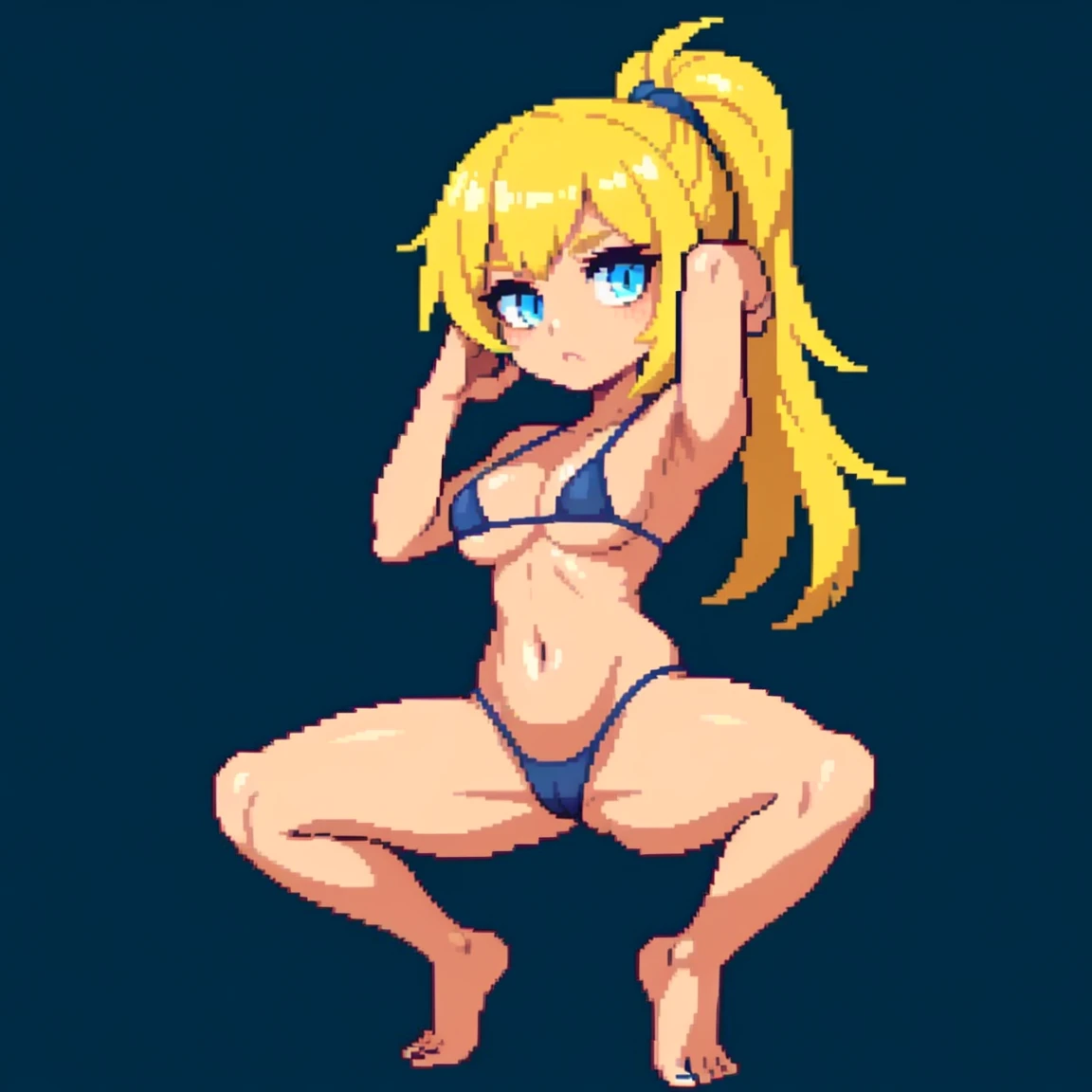 (masterpiece, top quality, best quality, less detail, 8-bit color), pixel,pixel art,1girl, fullbody, smack studio, separate body for edit, ((squatting)), ((armpits)), arms above and behind head, (micro bikini), bare foot