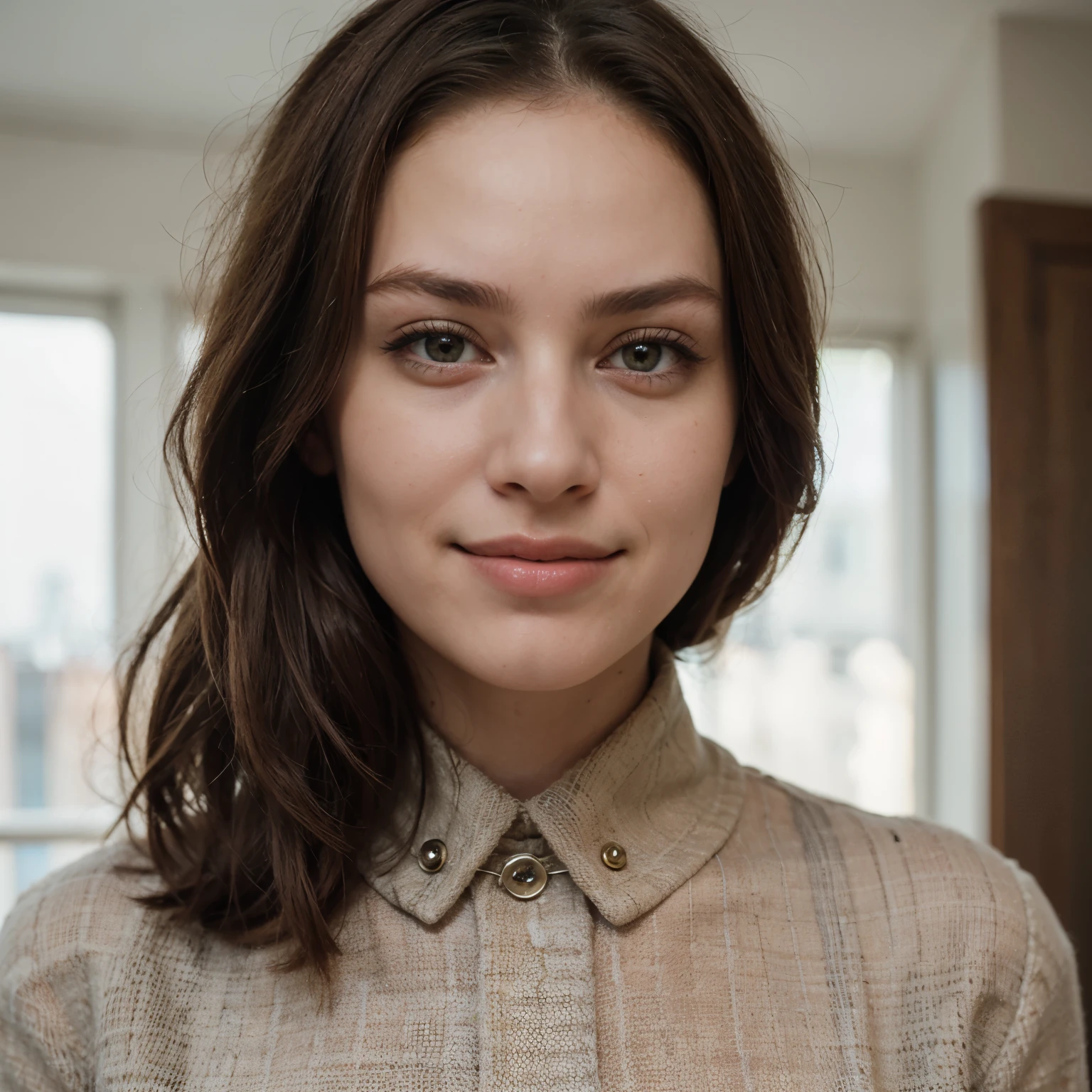 photography of a 20yo woman, perfect face, fully dressed, use the same face, masterpiece, same face, London Penthouse Location, looking into the camera, smiling, Vogue style photoshoot,