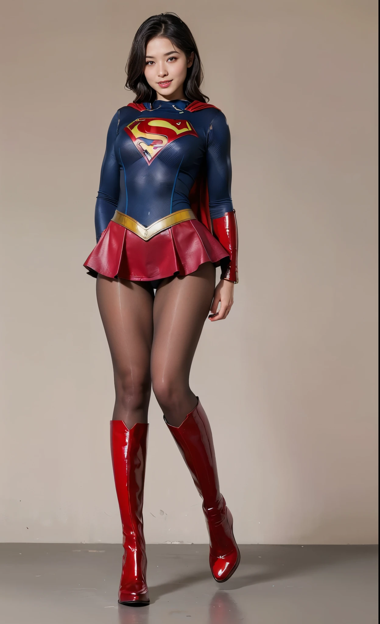 No background、Suffering、Hung、Are sleeping、lying back on、(((Wear black tights on your beautiful legs.)))、(((Grow legs、tall、Legally express the beauty of your smile)))、((((Make the most of the original image)))、(((Supergirl Costume)))、(((beautiful hairl)))、(((Suffering)))、(((Feet must necessarily be worn with black tights)))、(((You need to wear red boots)))、((Top image quality、8K))、((top-quality、8K、​masterpiece:1.3))、(((Keep Background )))、Crisp focus:1.2、Beautiful woman with perfect body shape:1.4、Slender Abs:1.2、a wet body:1.5、Highly detailed facial and skin texture、8K
