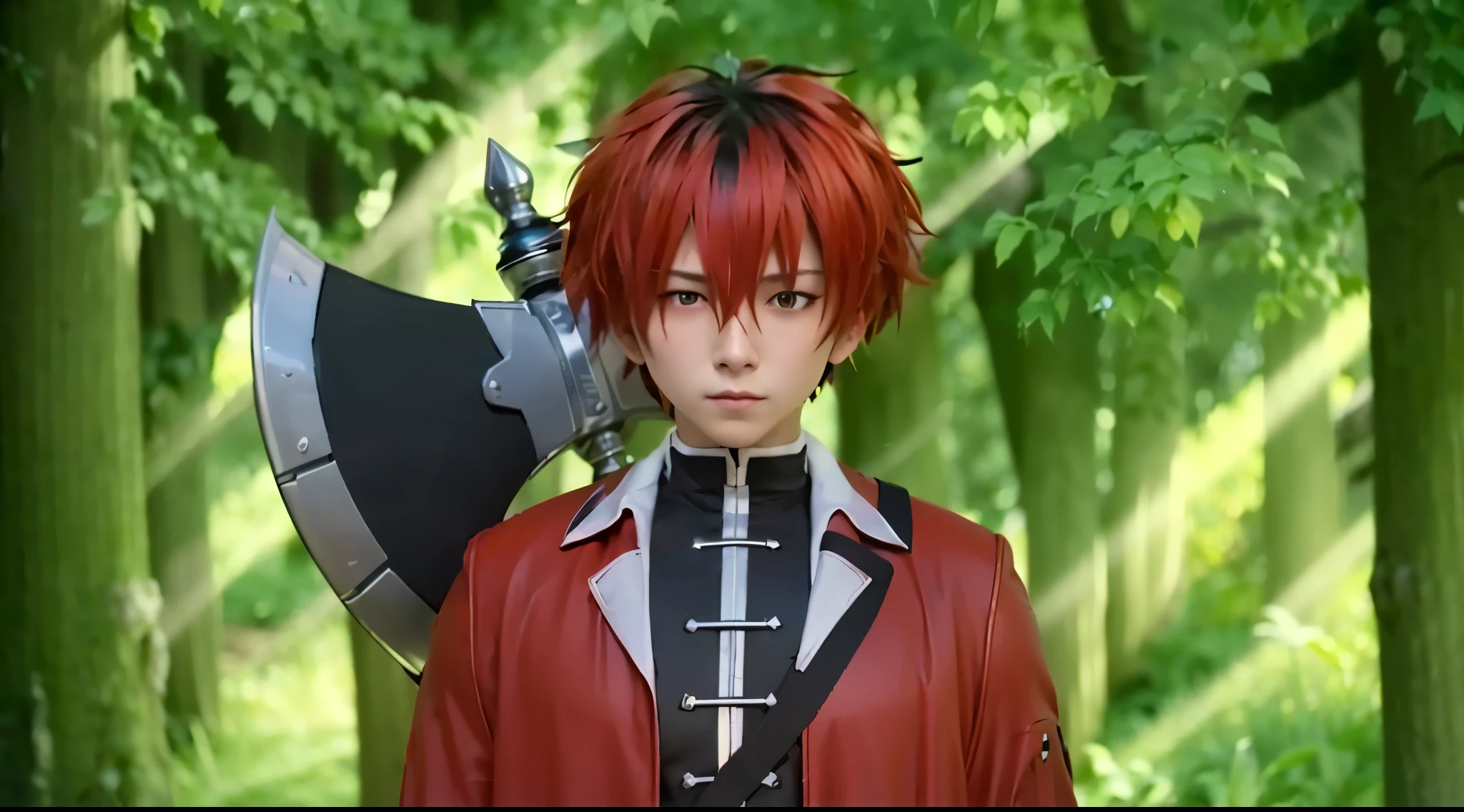 highly detailed ax、Highly detailed scale、20yr old、Red-haired、(masutepiece, of the highest quality, Best Quality, Official art, Beautiful and aesthetic:1.2), (ember:1.2), Highly detailed costumed actor art:1.3),Colorful,Highest detail, Cinematic lighting,