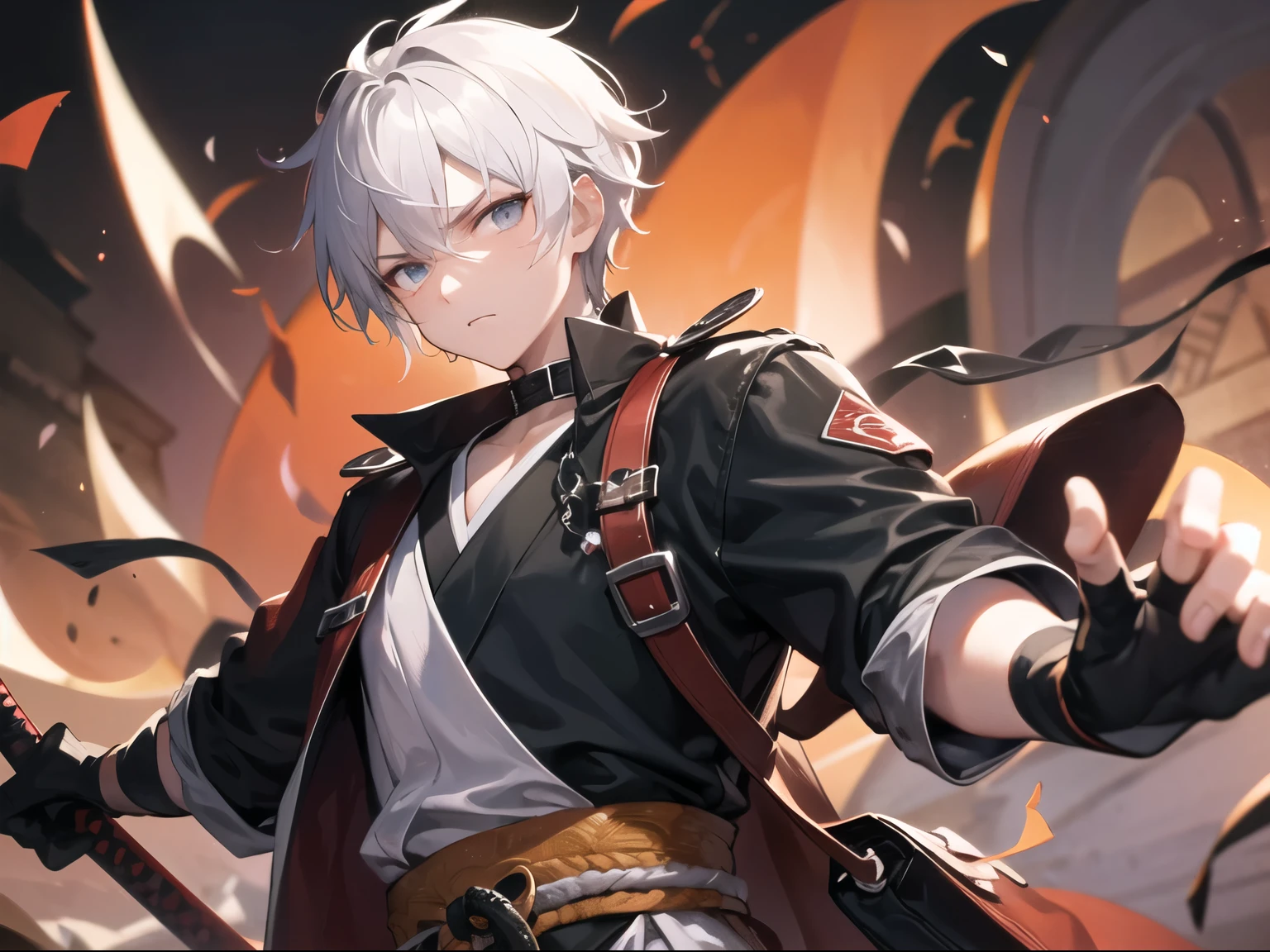 1boy, grey eyes, white hair, bags under the eyes, serious face, black T-shirt, black gloves with fingers, katana, the battle, japanese village, demons