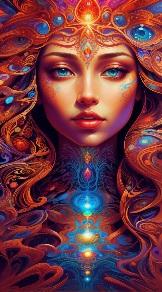 a painting of a woman with a face made of flowers, intricate digital painting, karol bak uhd, digital painting | intricate, dan mumford and alex grey style, anna dittman, psychedelic goddess, airbrush digital art, hyper detailed visionary art, hyper - detailed visionary art, vibrant digital painting, 4k highly detailed digital art, (Chakras) ((psychedelic)) (Best Quality) (Trippy) Psychedelic pretty face, pretty eyes, (Alex Grey) psychedelic dream, DMT vision, DMT trip, LSD, psychedelic patterns, (Vibrant) prismatic colors, vivid colors, flowing, mixing, HDR,4K, dream like, Anticrepuscular Rays, Goddess,(Fractals)