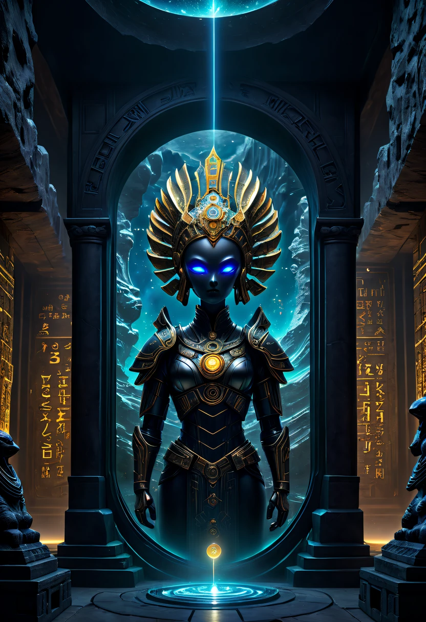 A wonderful underground cave, Alien civilization ruins, a mysterious tomb, Metal coffin, a treasure, Sparkling gold coins, terracotta warriors, antiquities, cultural relic, alien hieroglyphics, future-tech, 诡异的magia力量, unknown cosmic energy, eye of control, Scan grid, epic, grand, octaneratingrendering, Enhanced, iintricate, ((Dark)),epic,8K,Fantastical,ultra - detailed,magia, Cast spells,black hole,threatening,Ridiculous resources,Abyssal,magia Circle,Excess energy,sci-fy,Abyssaltech,dark energy,Ethereal,solution,ssee-through,Abyss,Anti-tech,sci-fy,Pure energy, (tmasterpiece, flagship artwork, offcial art, professional, Unity8k wallpapers:1.3), ultra - detailed, (actual, photoactual, photo-actual:1.37), HighDynamicRange, hyper HD, Studio lighting, Ultra-fine painting, Focus sharp, physically-based renderingt, professional, vivd colour, bokeh.