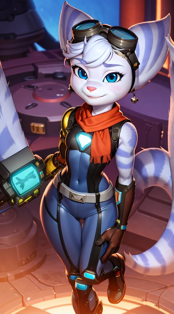 furry,rivetlombax,blue eyes,animal ears,earrings,goggles on head,bangs,mechanical arms,scarf,bodysuit,belt,tail,forest,smile,