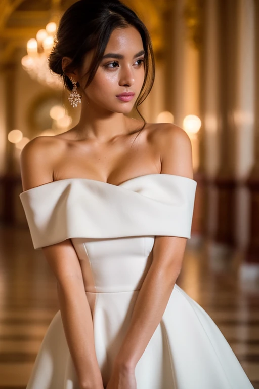 melhor qualidade, master part, ultra high-resolution, (Realismo: 1.4), foto original, 1girl, Rosa Off-the-Shoulder, Cinematic lighting, Influenciadora branca realista do Instagram, melhor qualidade, louro, 1 girl, olhos azuis, em vestido curto branco apertado