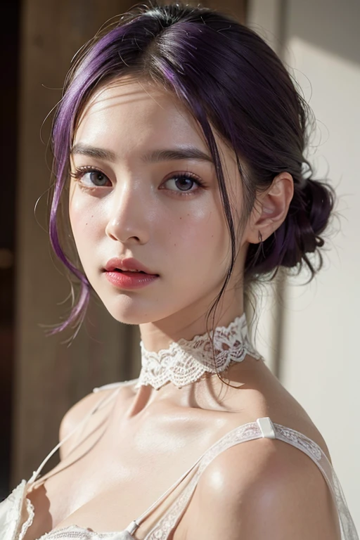 best quality,masterpiece,extremely detailed,high res,4k,ultra high res,detailed shadow,ultra realistic,realistic,dramatic lighting,1girl,solo,detailed face,realistic eyes,realistic skin,white dress,purple hair,dynamic pose, white lace dress