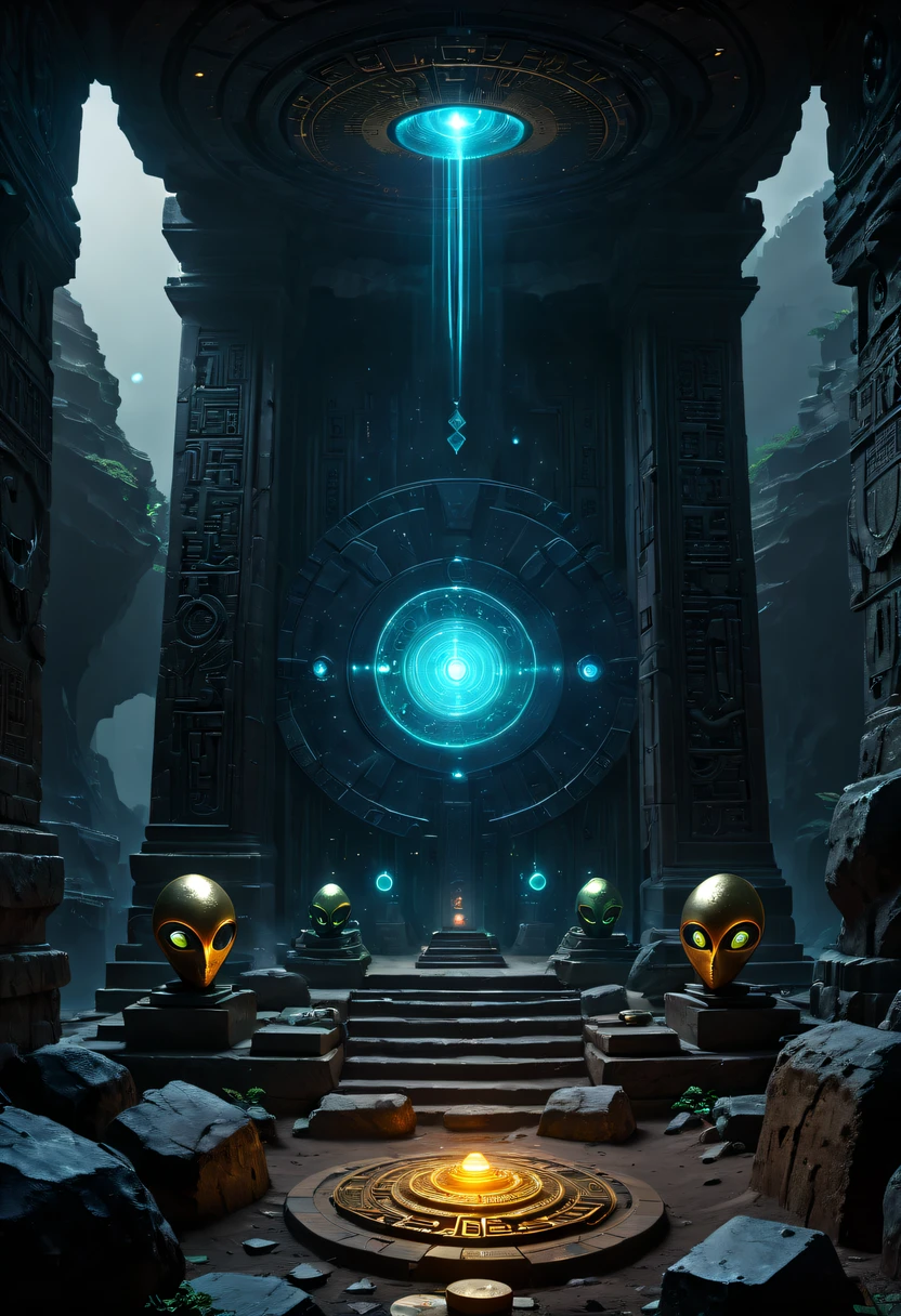 Fantasy underground cave,Alien civilization ruins,mysterious tomb,Metal coffin,treasures,Glowing gold coins,terracotta warriors,cultural relic,curio,alien text totem，Ultra-future technology，诡异的magia力量，unknown cosmic energy，Cybernetic eyes, Scan grid, epic, grand, Octagonal rendering, enhancer, iintricate, ((Dark)),epic,8K,Fantastical,ultra - detailed,magia, Cast spells,black hole,threatening,Ridiculous resources,Abyssal,magia Circle,Excess energy,sci-fy,Abyssaltech,dark energy,Ethereal,solution,ssee-through,Abyss,Anti-tech,sci-fy,Pure energy,(tmasterpiece, Representative Works, offcial art, professional, Unity8k wallpaper:1.3)